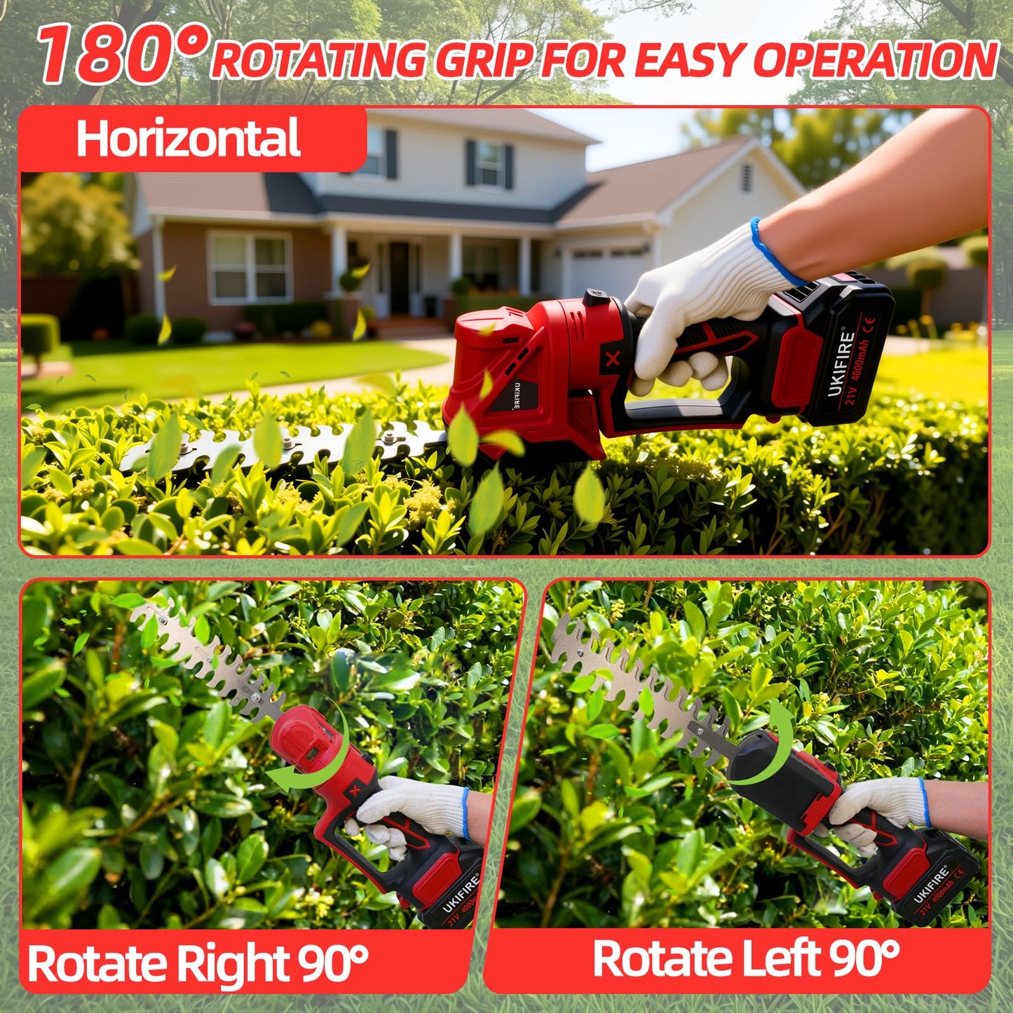 4-in-1 Electric Pole Hedge Trimmer, Cordless Bush Trimmer & Grass Shear with Extension Pole, 4.0Ah Battery & LCD Display, 180° Adjustable Angle, 16 Ft Reach, Powerful Branches Cutter for Tree