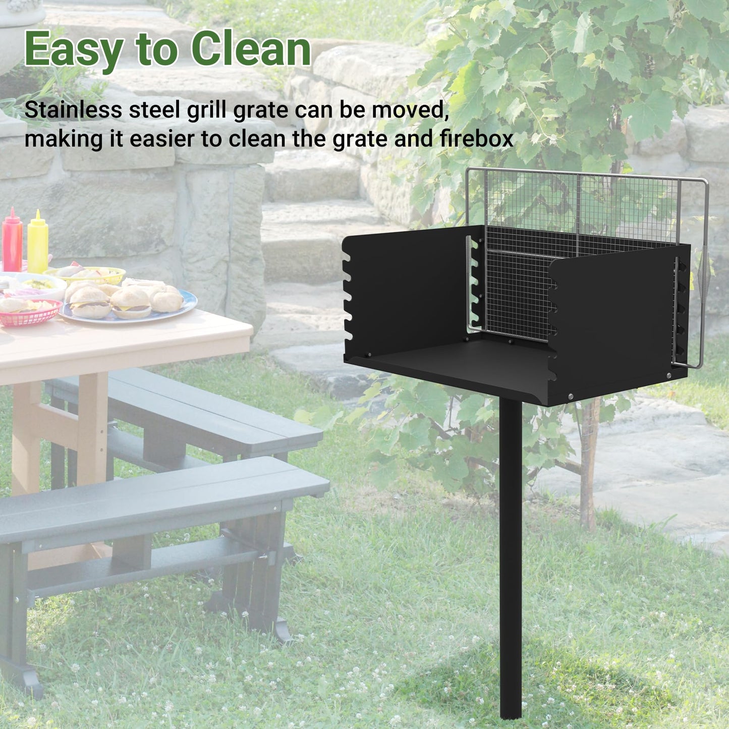 Toriexon Park Grills, 384 Sq. In, Park Style Charcoal Grill, Heavy Duty In Ground Park Grill with Stainless Steel Cooking Grate and Cover for Commercial and Outdoor Cooking 25.5'' L x 17'' W x 11'' H