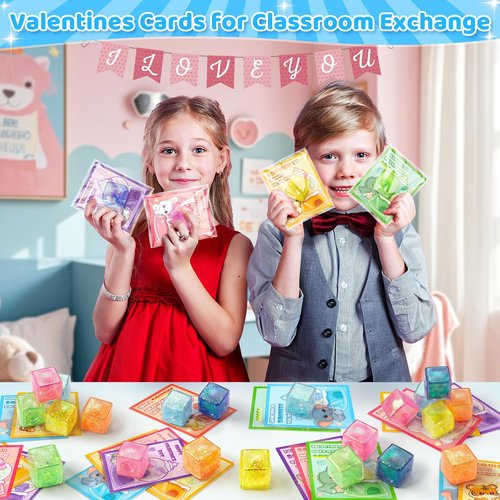 Class Valentines Day Gifts for Kids, 24 Pack Valentine Cards for Kids School with Ice Stress Cube, Squeeze Toy for Classroom Valentines Day Gifts Exchange, Valentine Party Favors Prize for Boys Girls