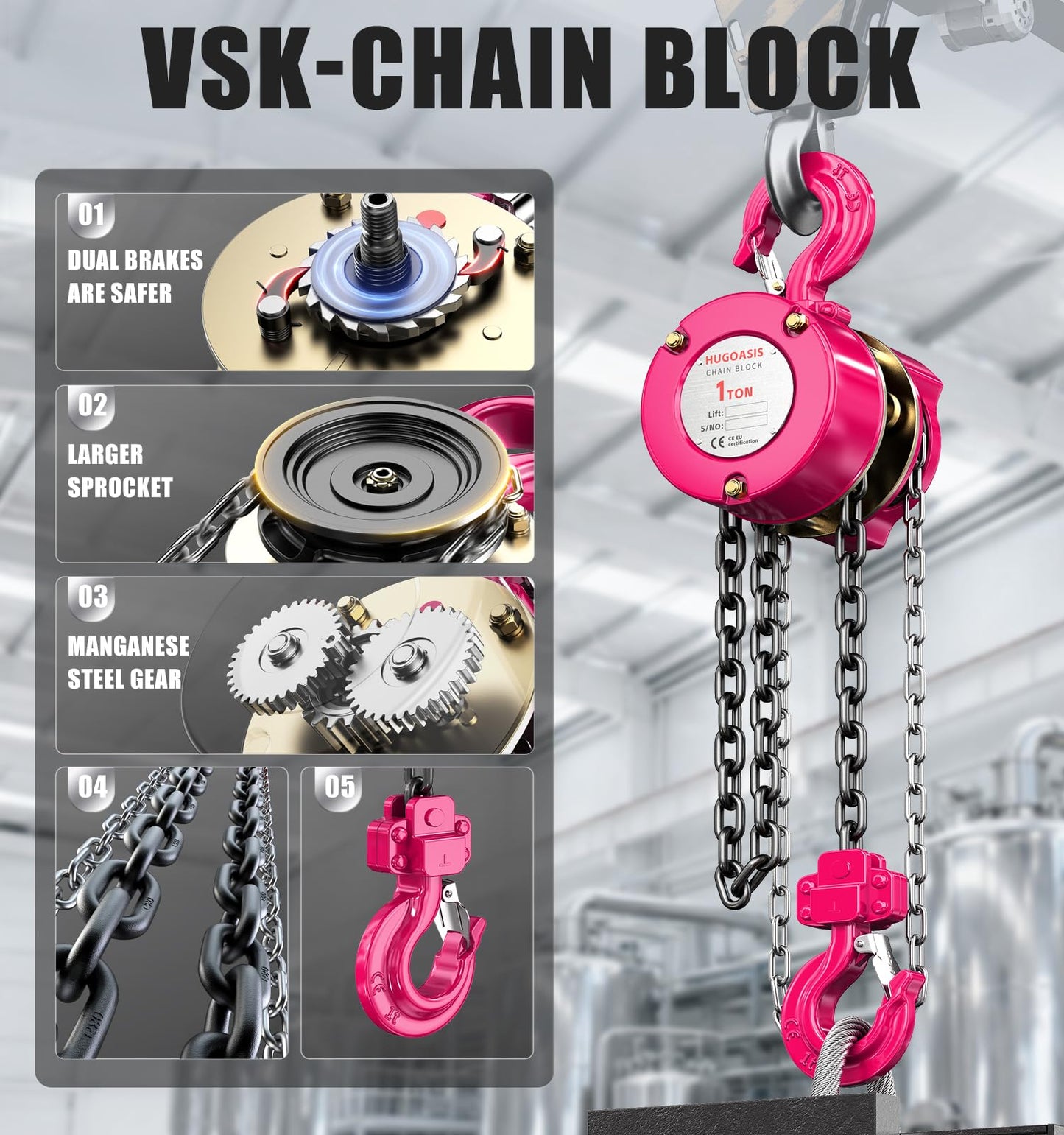 HUGOASIS Manual Chain Hoist 1 Ton 2200 Lbs Capacity 10ft with 2 Heavy Duty Hooks, Chain Fall Block for Warehouse Building Automotive Machinery,Pink