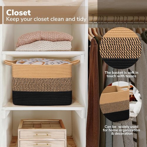Goodpick Woven Storage Baskets - Stylish Cotton Rope Organizer for Living Room & Bedroom | 13"x10"x9" Black & Jute Dog Toy Basket with Handles