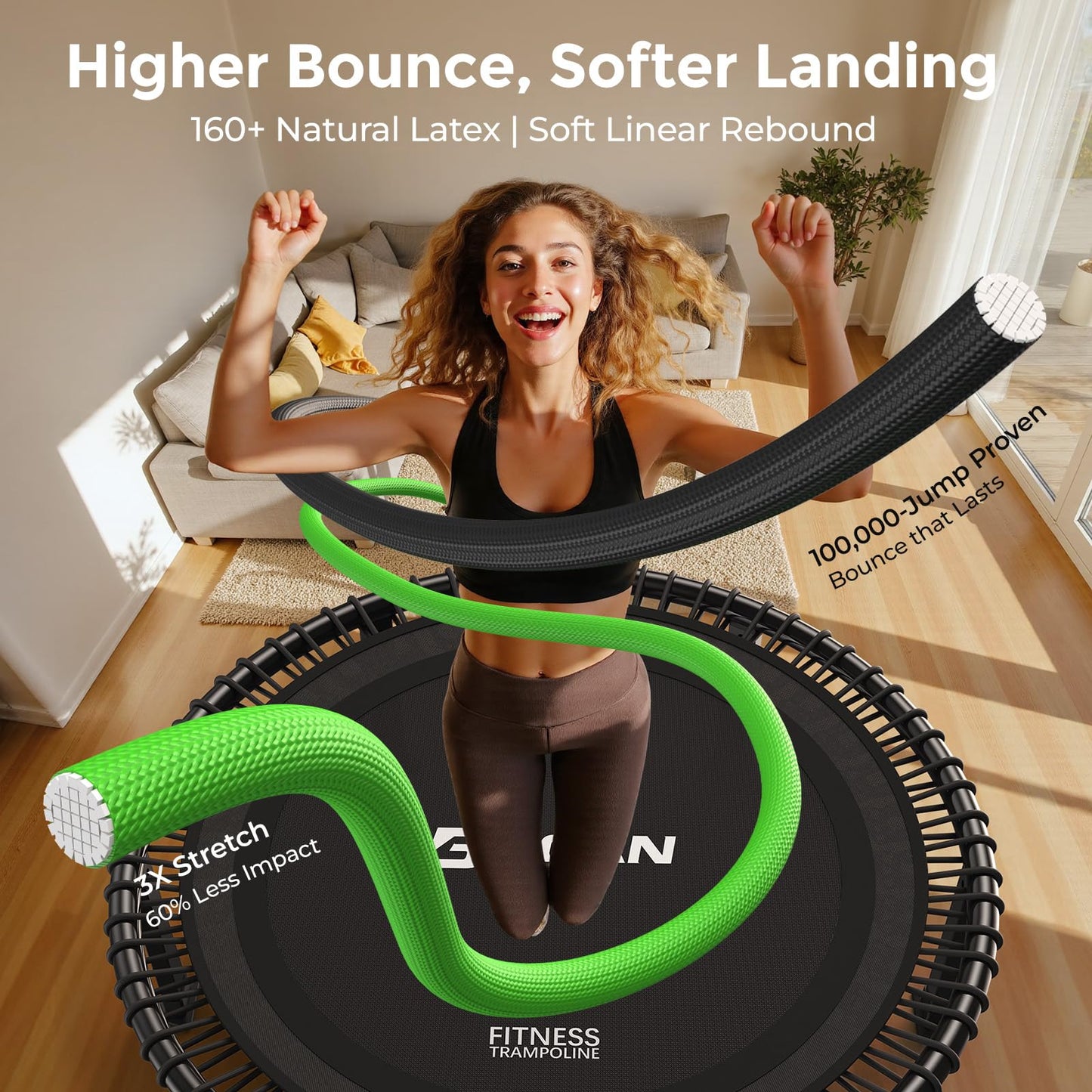 BCAN BT4 40" Soft Land Pro Adult Bungee Rebounder Trampoline, 500lb Capacity, Adjustable Tension Bungees, One-Piece Frame (16 Gauge), Quiet Indoor Cardio w/Handle, Phone Holder & 2 Pairs Socks, Black