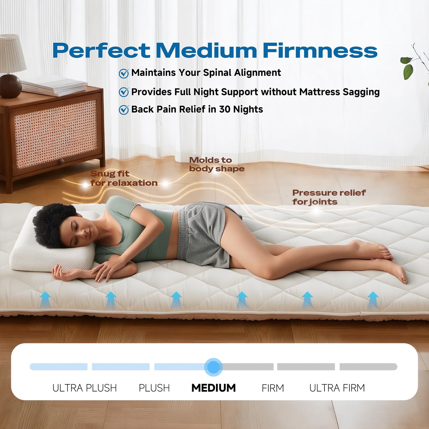 Aircliff Japanese Floor Futon Mattress, Roll Up Tatami Mat, Sleeping Pad, Shikibuton, CertiPUR-US Certified Foam Floor Bed Mattress for Sleeping, Dormitory, Guest Bed, Designed in Japan(White, Full)
