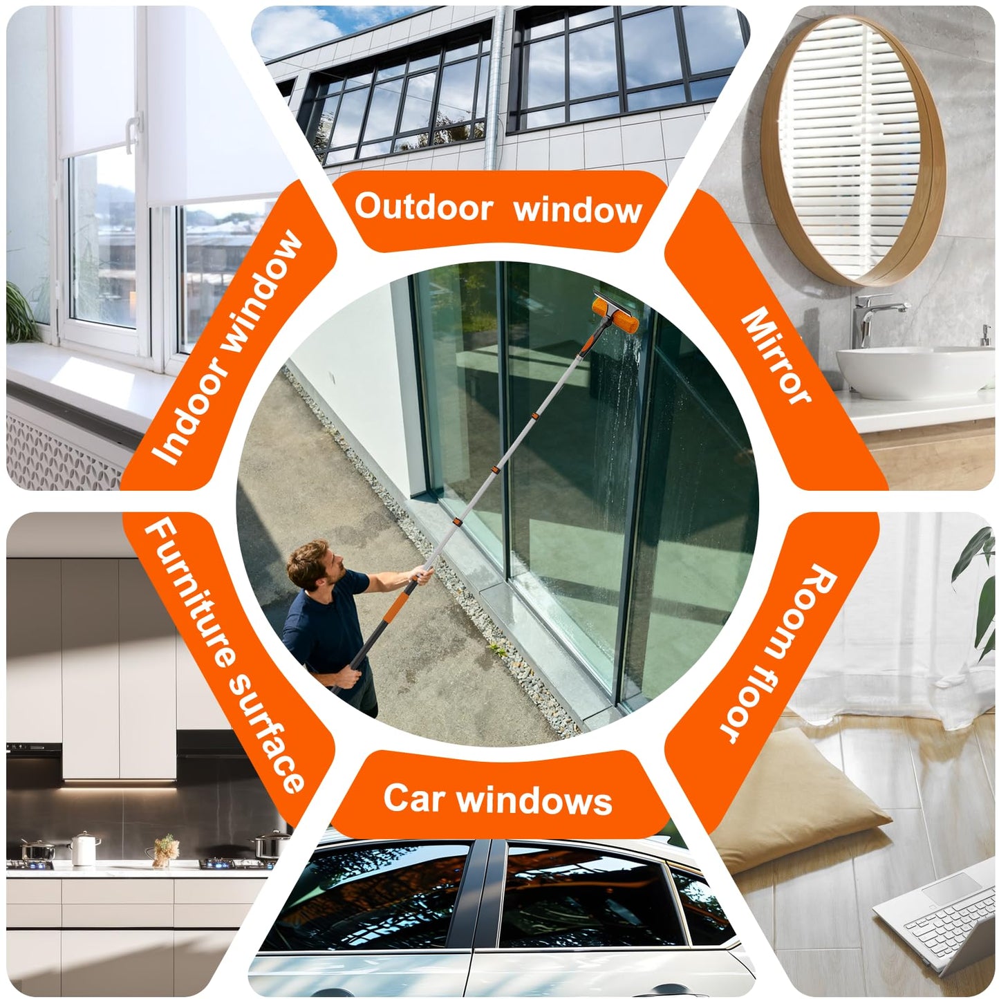 SISUPASSIE 30FT Reach 2-in-1 Window Squeegee, Professional Window Washing Kit with 5-24FT Extension Pole for Home, Indoor Outdoor Squeegee with Rotatable Head for High Windows