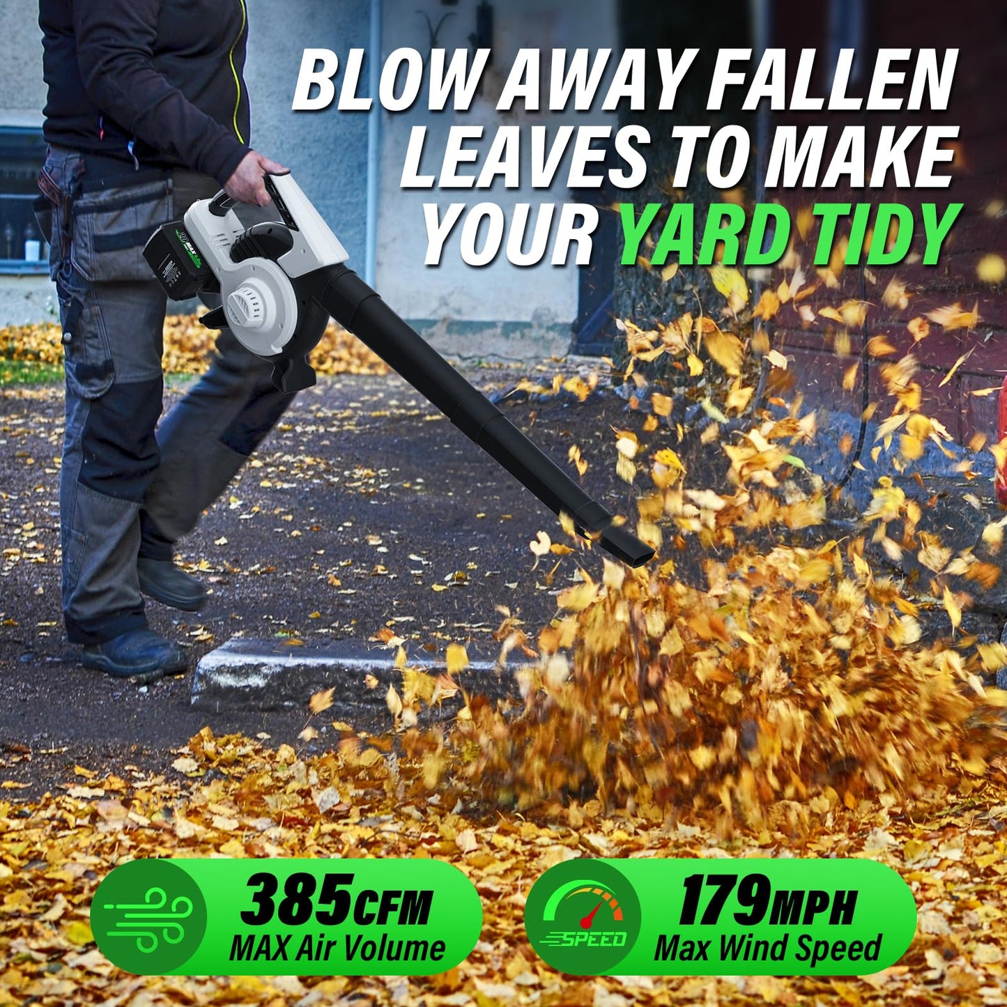 Cordless Leaf Blower & Vacuum SOYUS 3-in-1, Leaf Vacuum Mulcher 385CFM with Brushless Motor & 5 Speed Control, Electric Leaf Blower for Lawn Care, Included 45L Bag 2 x 20V 4.0Ah Battery and Charger