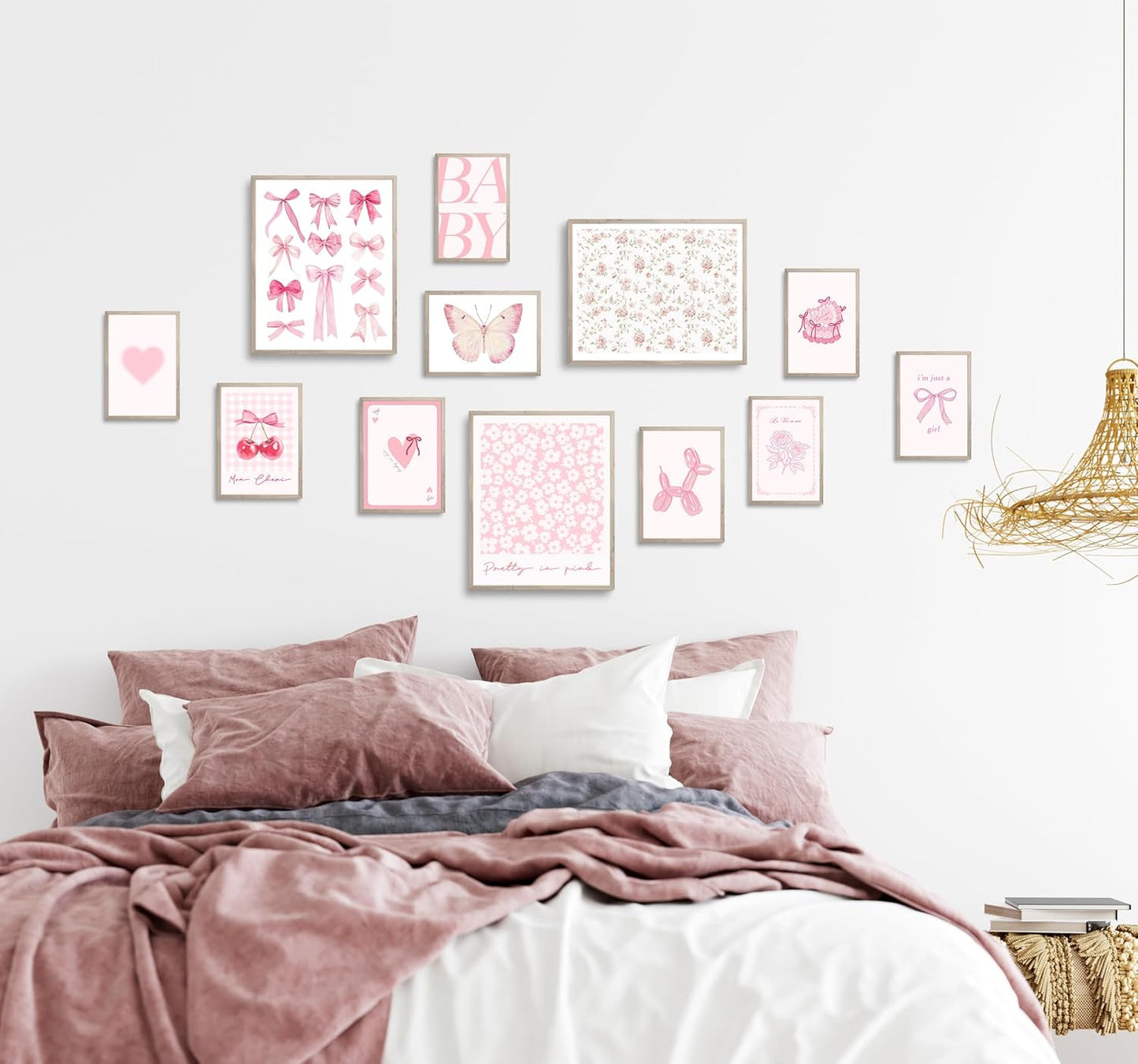 TwoDays Pink Coquette Wall Art | Aesthetic Light Pink Bows Posters for Girls' Dorm | Set of 12 Unframed (8" x 10" Largest)