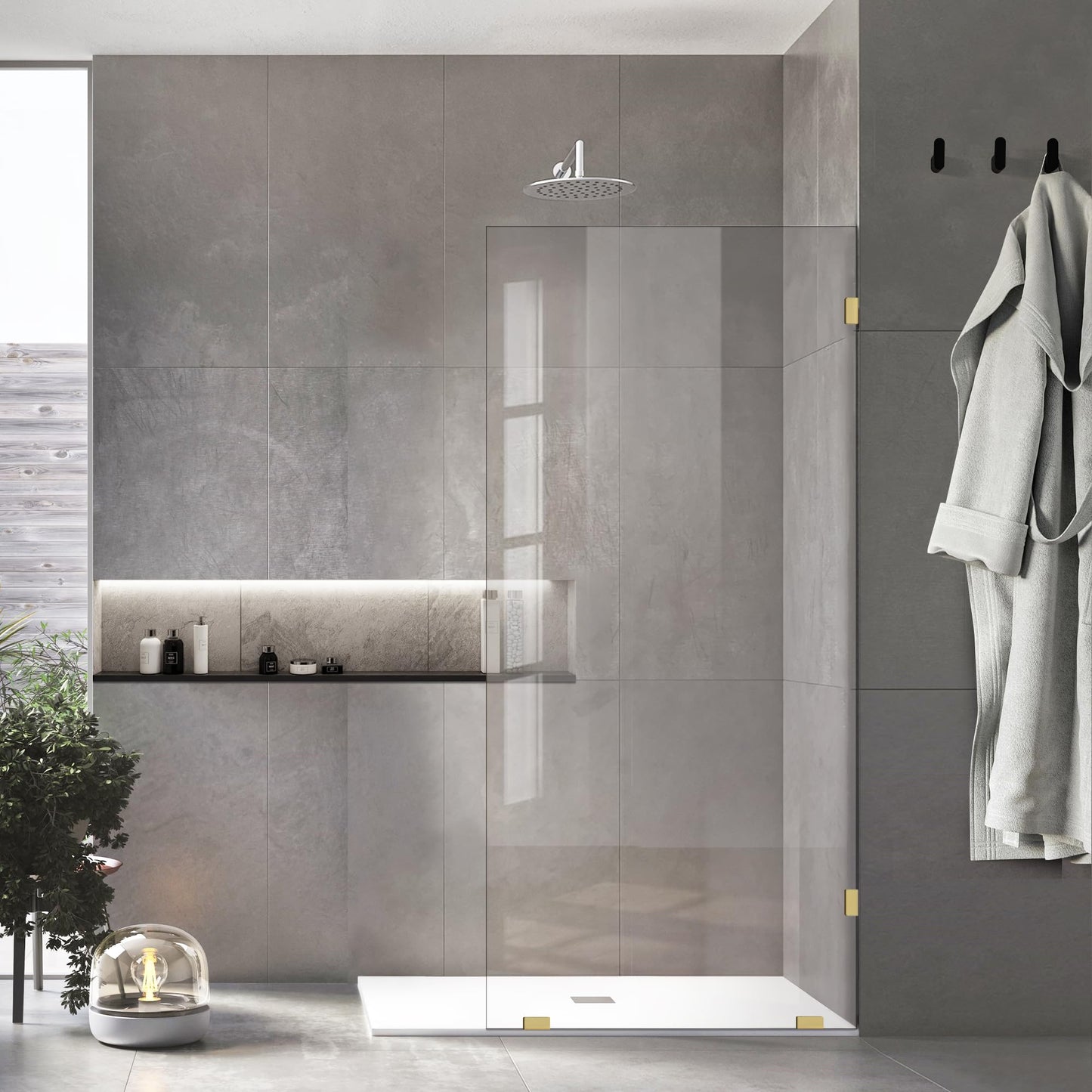 Bathroom Shower Glass Door 32 * 78" - 5/16"(8mm) Thick Clear Tempered Glass Panel, Fixed Hinged Framless Shower Glass Door with Clamps, Brushed Gold