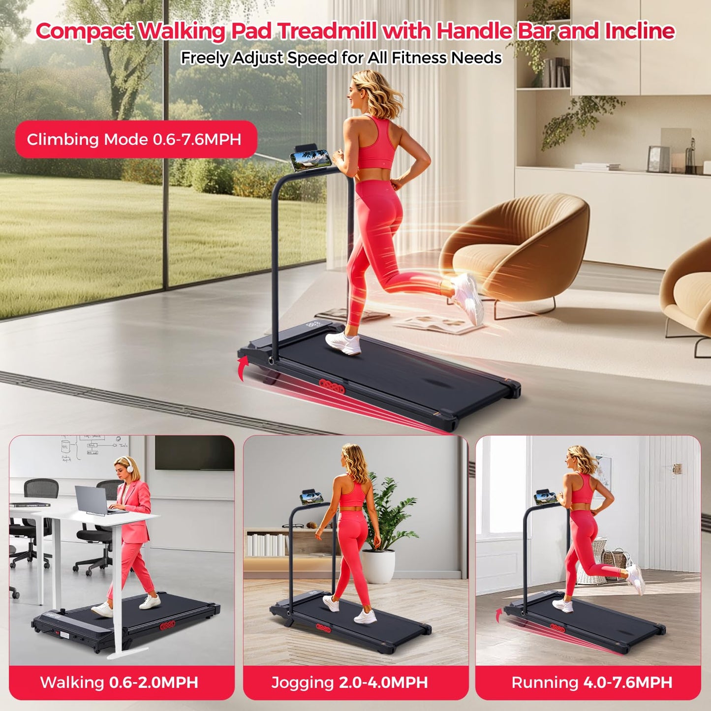 Walking Pad Treadmill with Incline, 3.0HP Portable Mini Walking Pad Treadmill with Handle Bar, 0.6-7.6MPH Small Under Desk Treadmill for Home Small Spaces, 350LBS Electric Treadmills with Handles