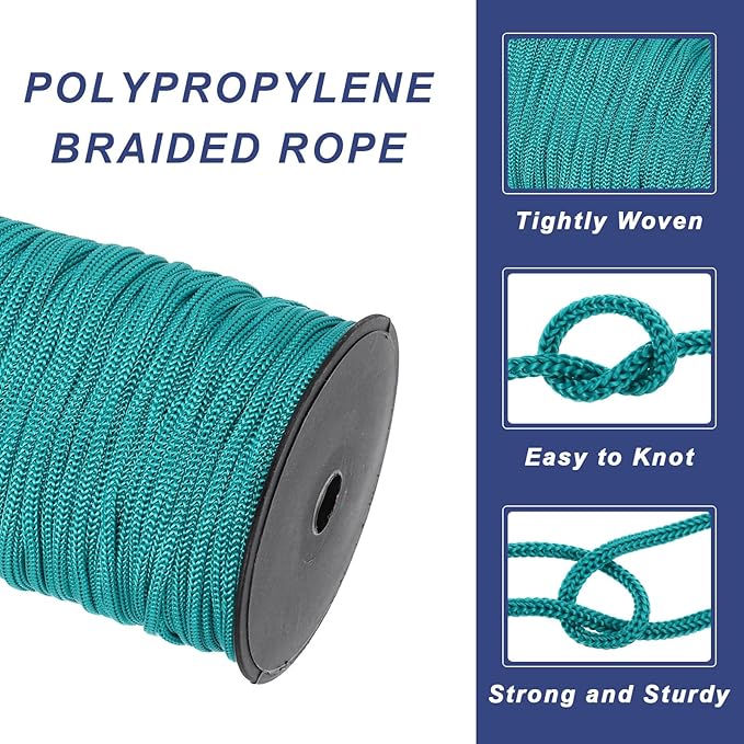 MECCANIXITY 3/16 Inch Polypropylene Rope Braided Ropes, 328ft Nylon Rope Hollow Utility Cord for Clothesline, Camping, Hiking, Outdoor, Peacock Green