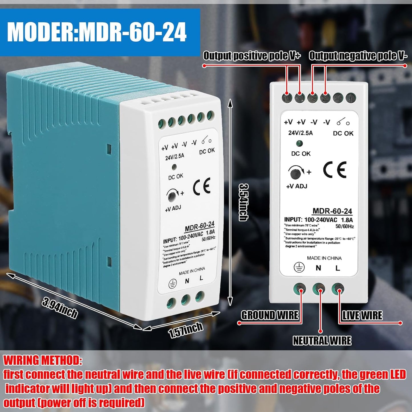 2 24vdc 24v 2.5a 60w 100-240vac, 24vdc, 50/60hz) Yexiya Pcs Power Supply Din Rail Power Supply Mdr Din Rail Dual Output