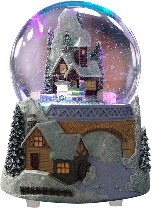 Castle Snowy House Snow Globe - Color Changing Lighting & Revolving Train | Winter Wonderland Decor
