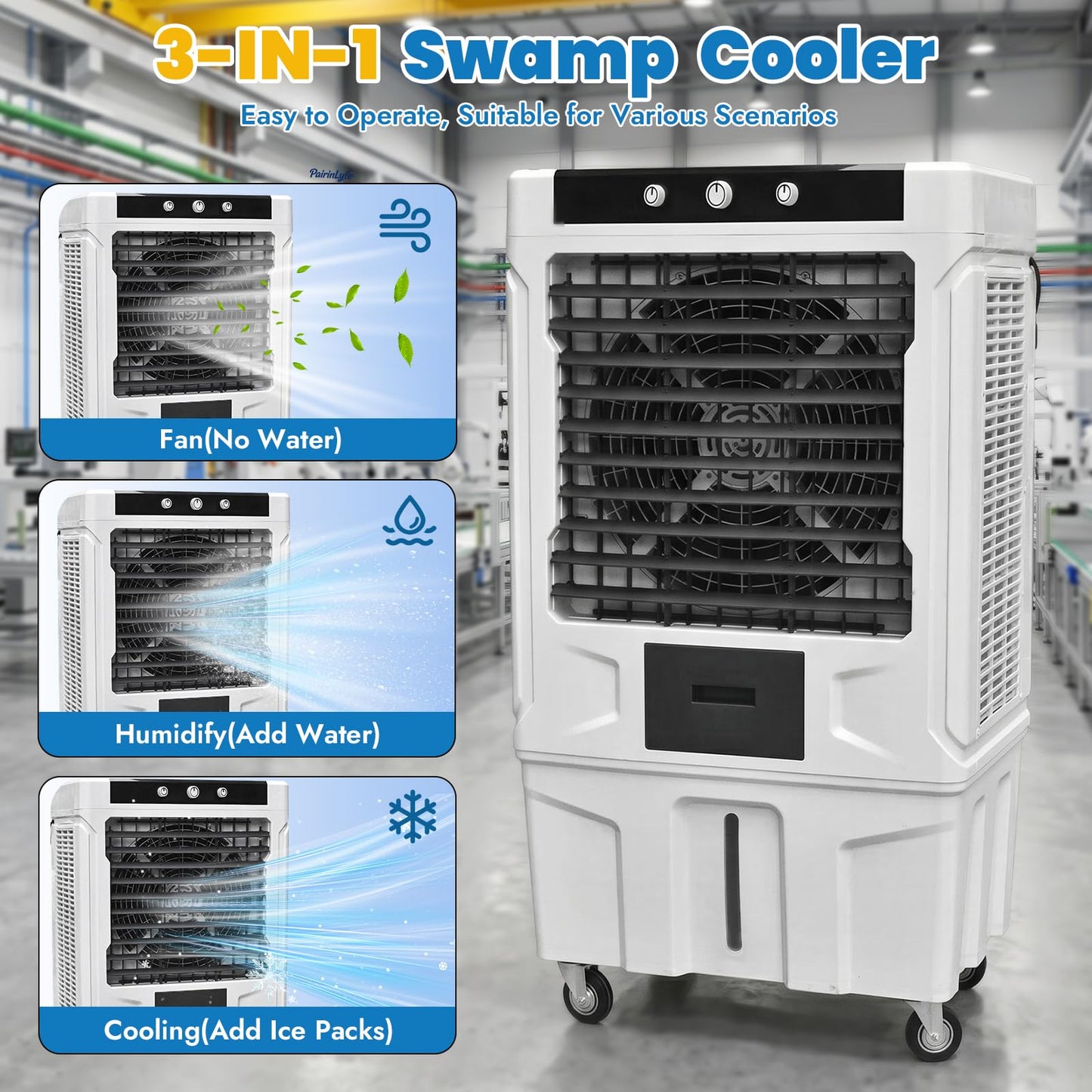61" High Power 18000CFM Industrial Swamp Cooler, Evaporative Air Cooler with 40 Gal Tank, 3-Speed, 2 Modes, 4 Ice Packs & Storage Bag, Industrial Cooling Fan for Garage Warehouse Factory, 5000 sq.ft