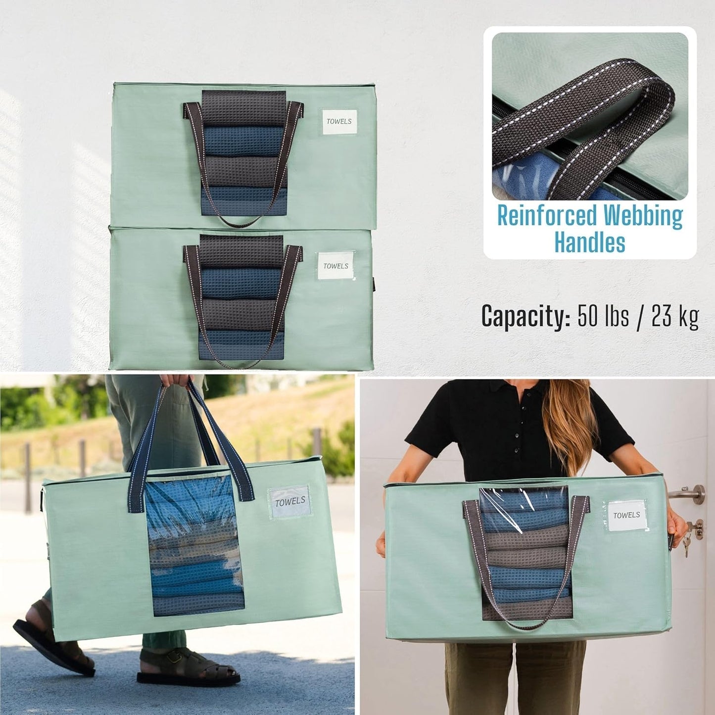 VENO Heavy Duty Moving Bags - 10 Pack Clothes & Comforter Storage with Clear Window | Light Green Matte