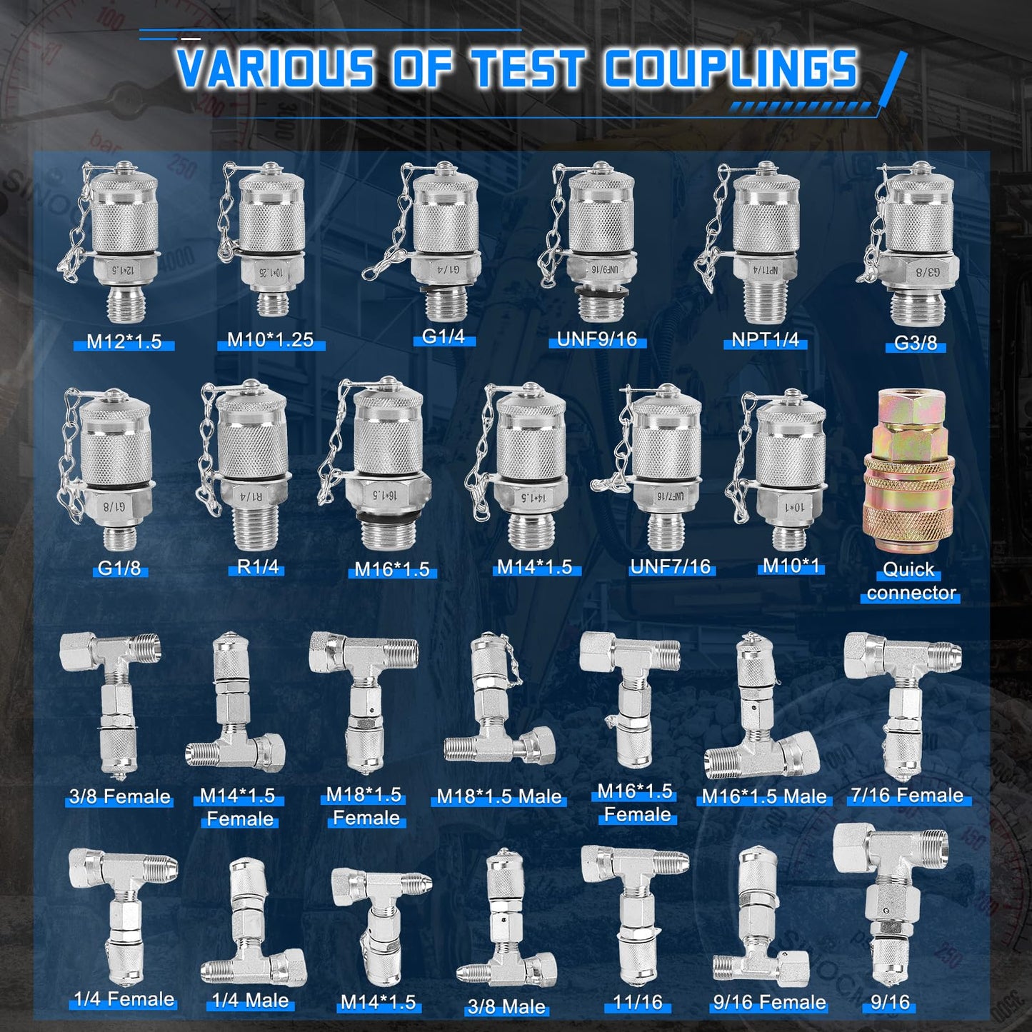 SINOCMP Hydraulic Pressure Test Kit with 5 Gauges 5 Test Hoses 13 Couplings 14 Tee Connectors, Hydraulic Tester Gauge Set 10/100/250/400/600Bar for Excavator Construction Machinery