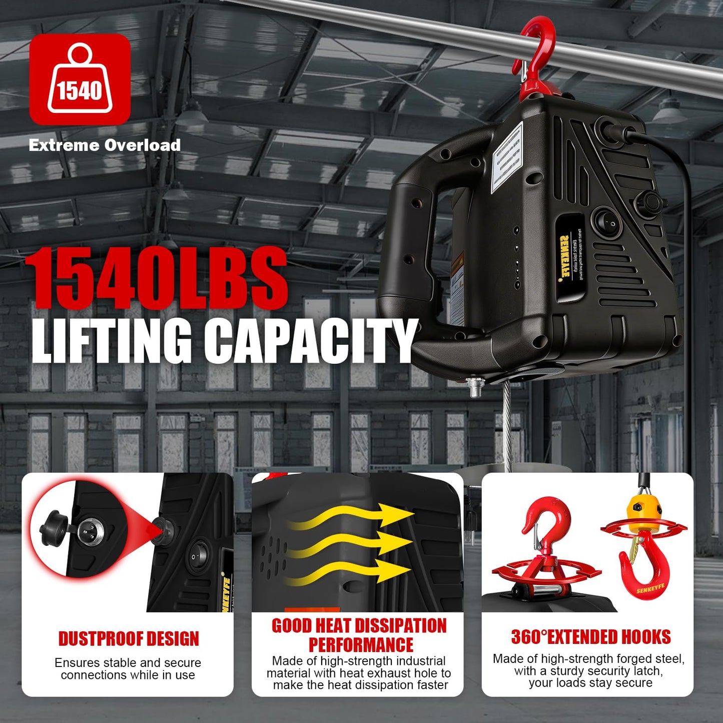 SENKEYFE Power Electric Portable Hoist Winch 1540LBS, 3 in 1 Electric Cable Hoist 110V 25 FT with Lifting Strap, Electric Hoist Lift Ceiling Winch for Lifting Towing
