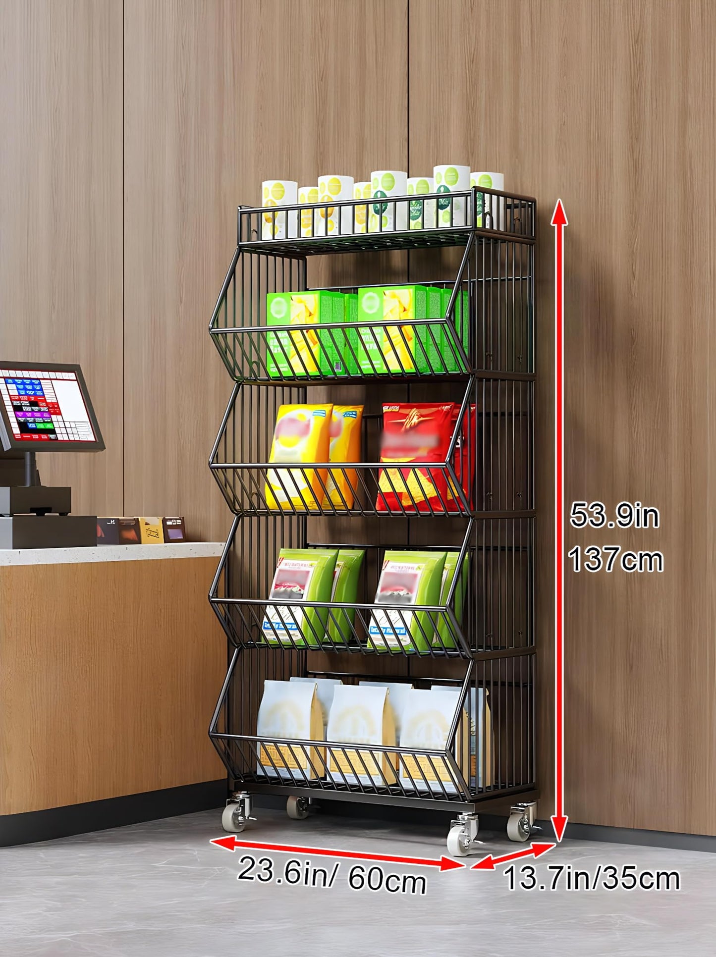 Rjdjbflc Commercial Supermarket Display Cart - 5-Tier Industrial Slanted Rolling Shelves Metal Storage Rack for Retail Store, Warehouse & Home Use, 55LBs/Tier Tool-Free Setup