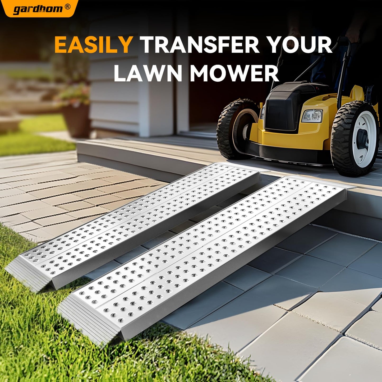 gardhom Aluminum Shed Ramp 55x11inch, 2PCS Riding Mower Ramps 3000lbs/Pair Capacity for Curb Steps Stairs Dirt Bike Motorcycle Lawn Mower Snow Blower Loading Ramps
