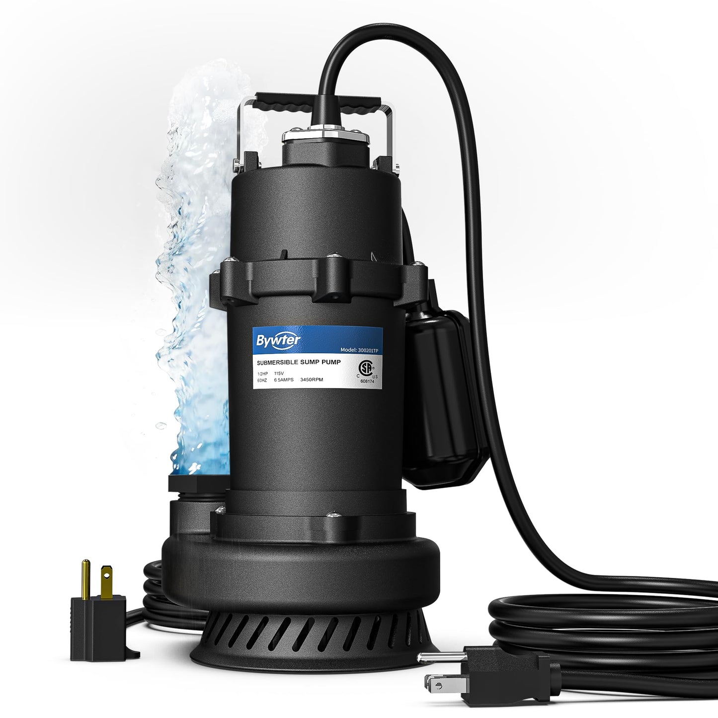 BYWTER 1/2 HP Sump Pump, 4200 GPH High Flow, 26 FT Lift, 115V Cast Iron Sewage Pump with Automatic Float Switch and Manual Control, Heavy Duty Sewage/Effluent Pump for Basement, 10 FT Power Cord