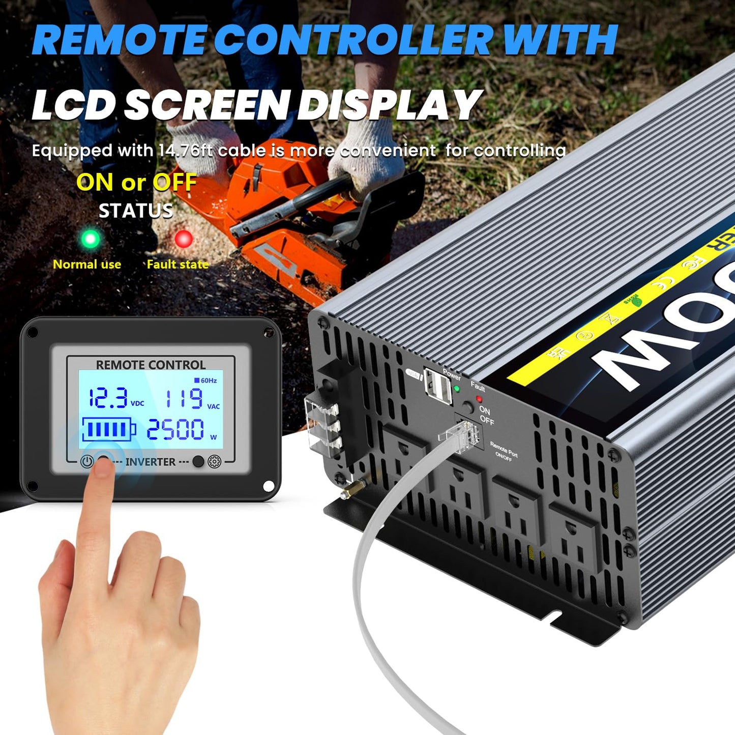 12V 2500W Pure Sine Wave Inverter 12V DC to 110V/120V AC Converter with 4AC Outlets, 5V/3.4A USB, Remote Control with on-Screen Display, Off-Grid Solar Power Inverter for Truck, Home, Vehicles, RV