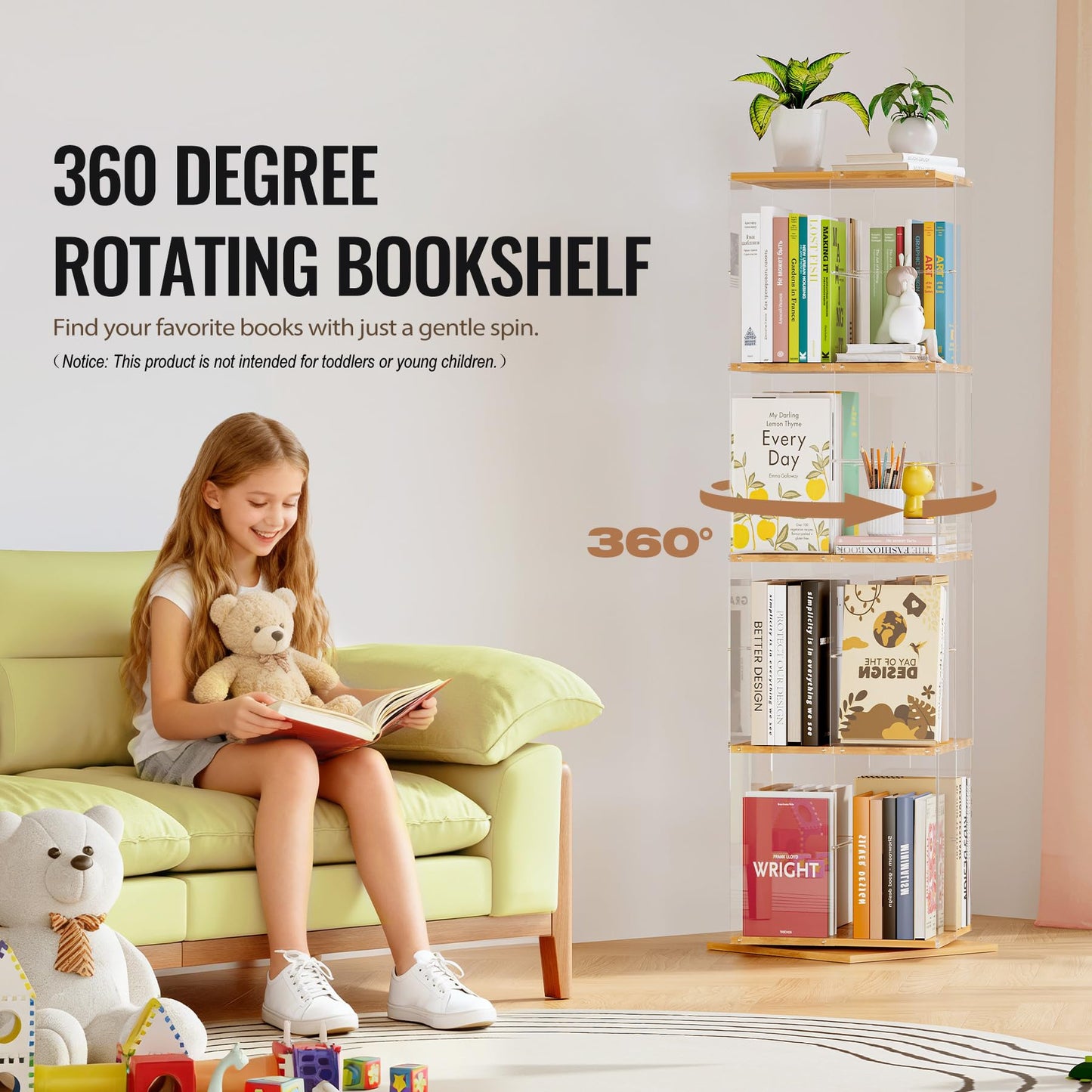 TAKEKIT Rotating Bookshelf, 360 Degree Revolving Bookcase, 4-Tier Spinning Bookshelf, Clear Acrylic & Solid Wood Rotating Bookcase for Kid’s Playroom, Bedroom and Living Room, Square
