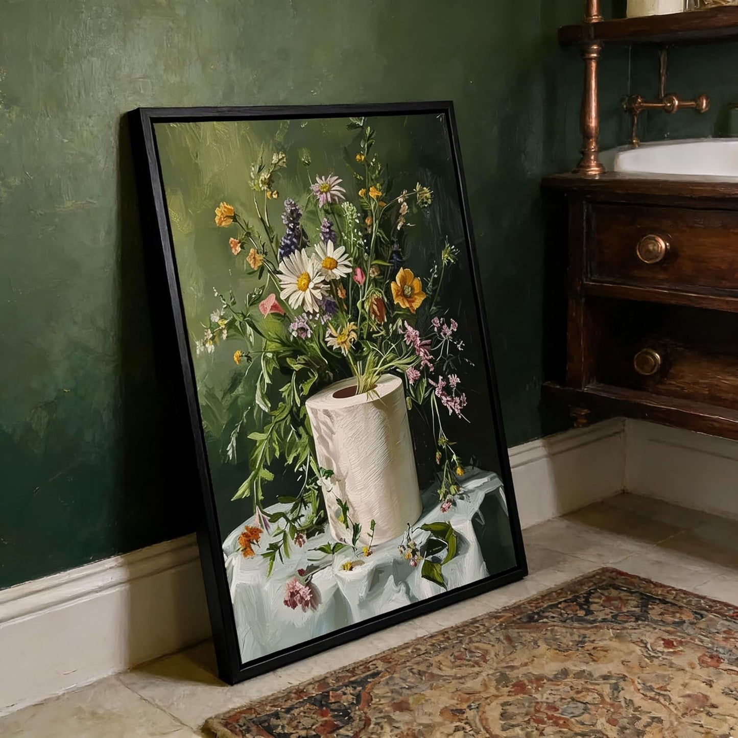 Skiennix Funny Floral Bathroom Wall Art - Moody Botanical Canvas Print | 8x10 Inch Decor