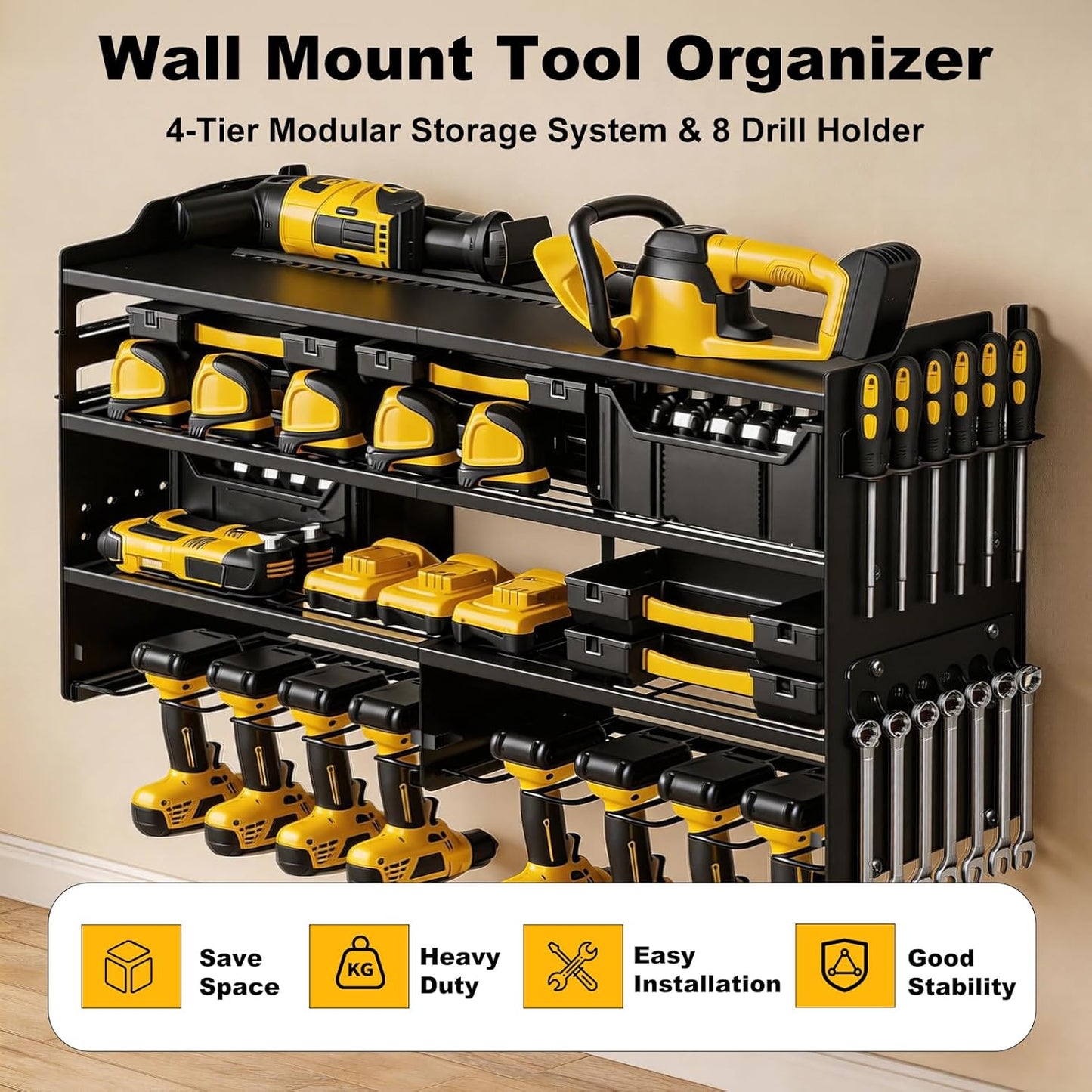 Oviitech Power Tool Organizer - Heavy Duty Wall Mount Storage Rack | 8 Drill Holder, 400lbs Capacity, Black