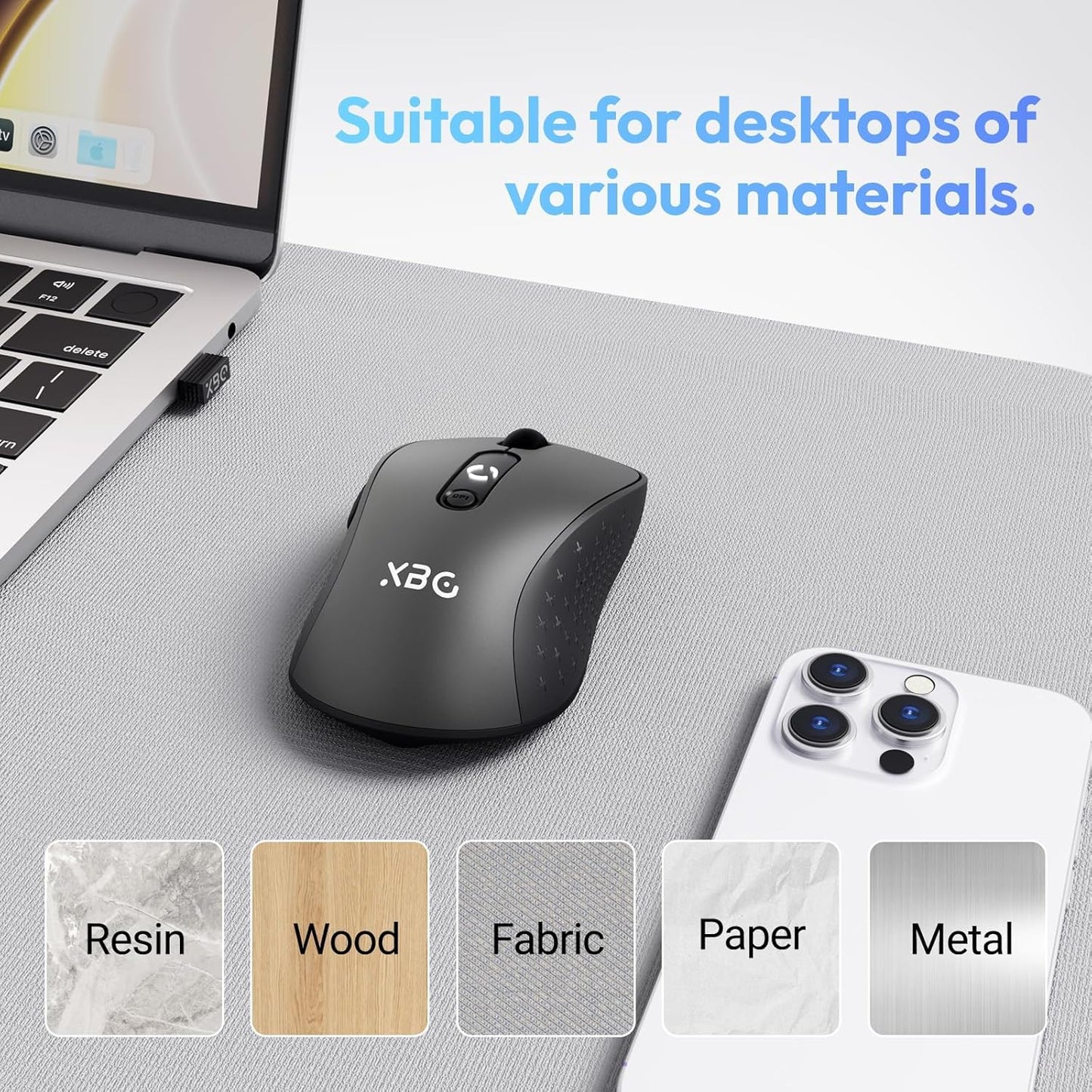 XBG B15 5.0/4.0 2.4G, 5 3-Level Tri-Mode Wireless Mouse, Bluetooth & Adjustable DPI, Type-C Rechargeable with Battery