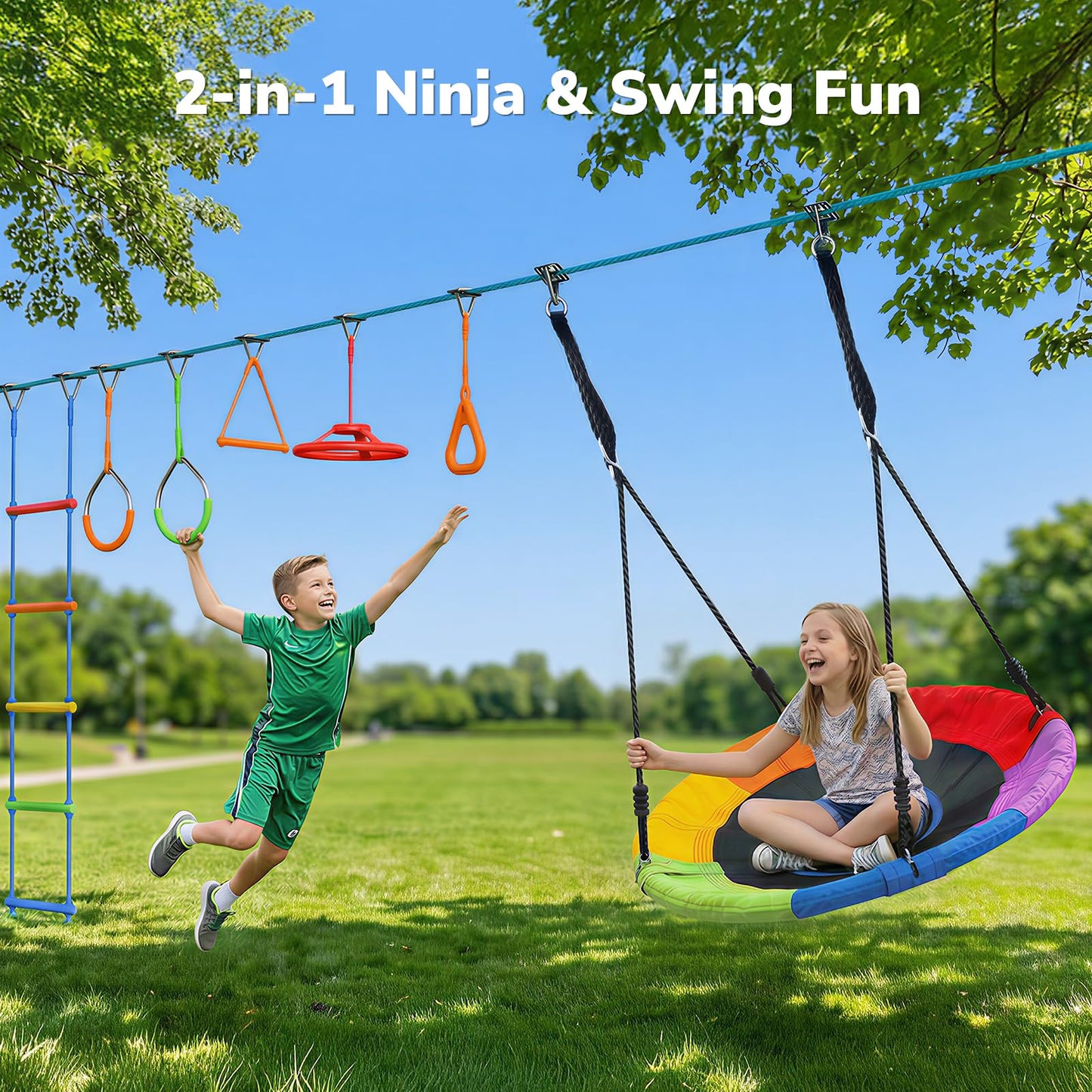 Hapfan 50 FT Ninja Warrior Obstacle Course Swing Set for Kids with Weather-Proof Accessories, Outdoor Playset with Monkey Bars for Backyard