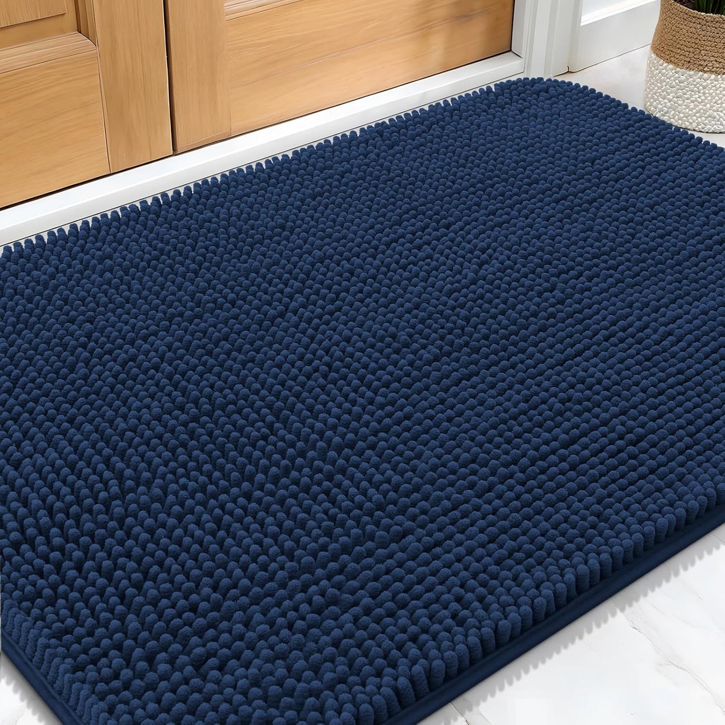 OLANLY Dog Door Mat - Absorbent Non-Slip Chenille Mat for Muddy Paws | 30x20 Dark Blue Quick Dry Doormat