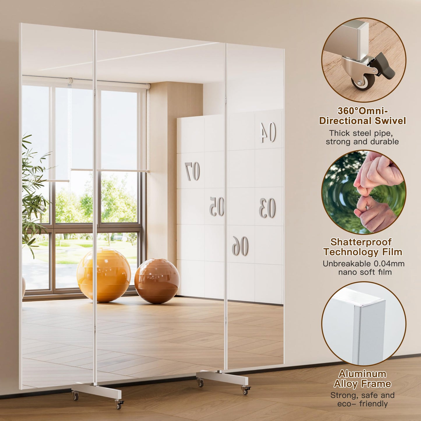 brisafe 71"x67" Folding Mirror with Wheels, 3-Panel Full Length Wall Mirror, Space-Saving Design, Shatterproof Nano Material, Portable Floor Mirror for Gym, Dance Studio, Home, Commercial Use, Silver