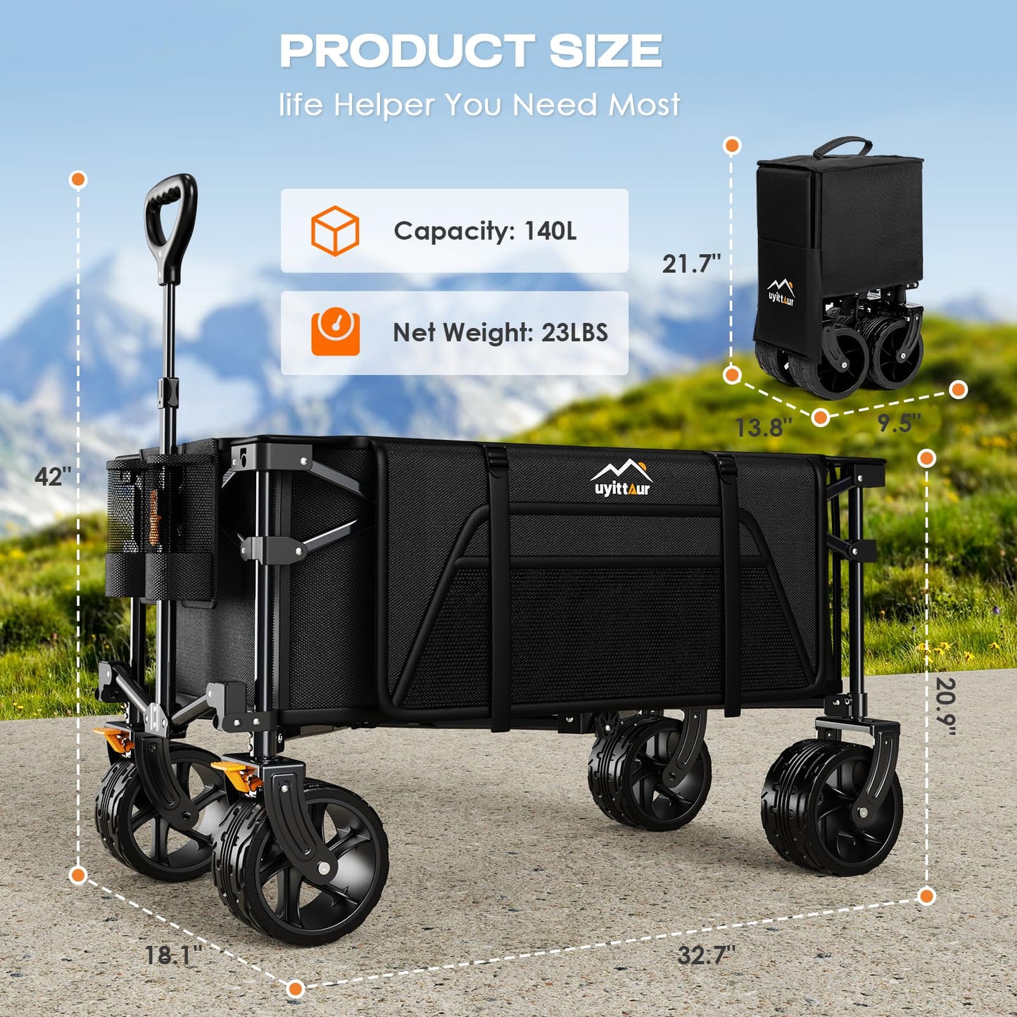 Uyittour Collapsible Wagon Cart Heavy Duty Foldable, Folding Beach Wagon with Big Wheels for Sand, Utility Grocery Cart with Side Pocket and Brakes for Camping Sports Outdoor Activities, Black