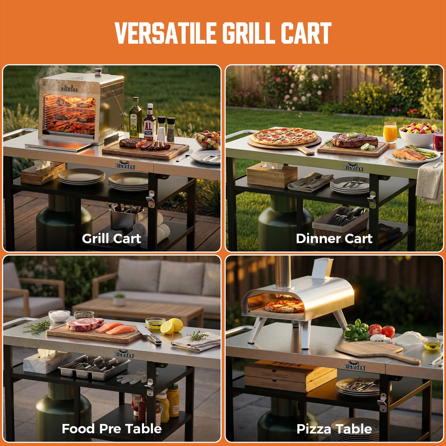 BIG HORN OUTDOORS Grill Cart, Stainless Steel Outdoor Grill Table for Infrared Grill, Pizza Oven Stand Compatible with Big Horn, Ninja, Ooni Pizza Ovens, Outdoor Cooking Table with Wheels & Storage