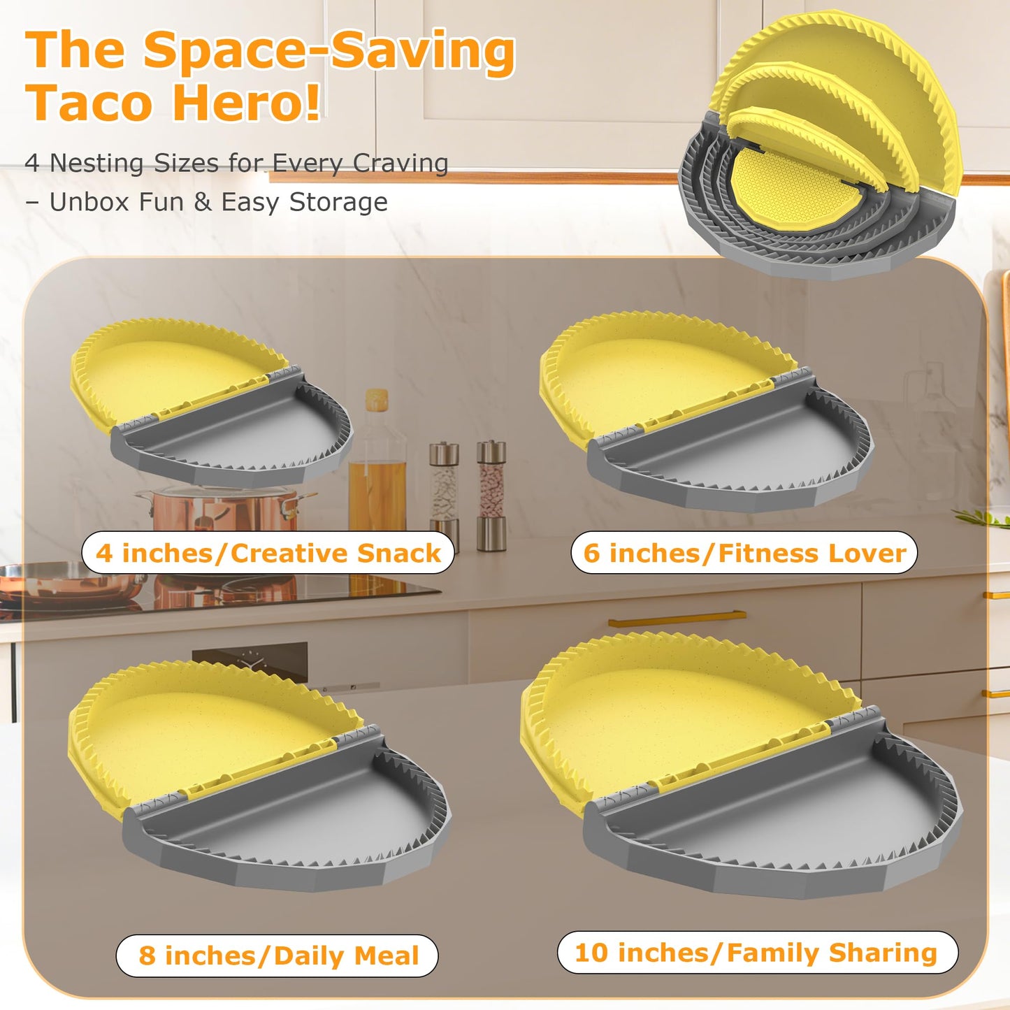 Tortilla Sealer Crimper Press - 4pcs Quesadilla Maker for 10"+8"+6"+4" Flour Tortillas |Make Sealed Taco,Quesadilla,Empanada,Burrito,Dumpling,Sandwich,BPA-Free Dishwasher Safe (Grey Yellow)