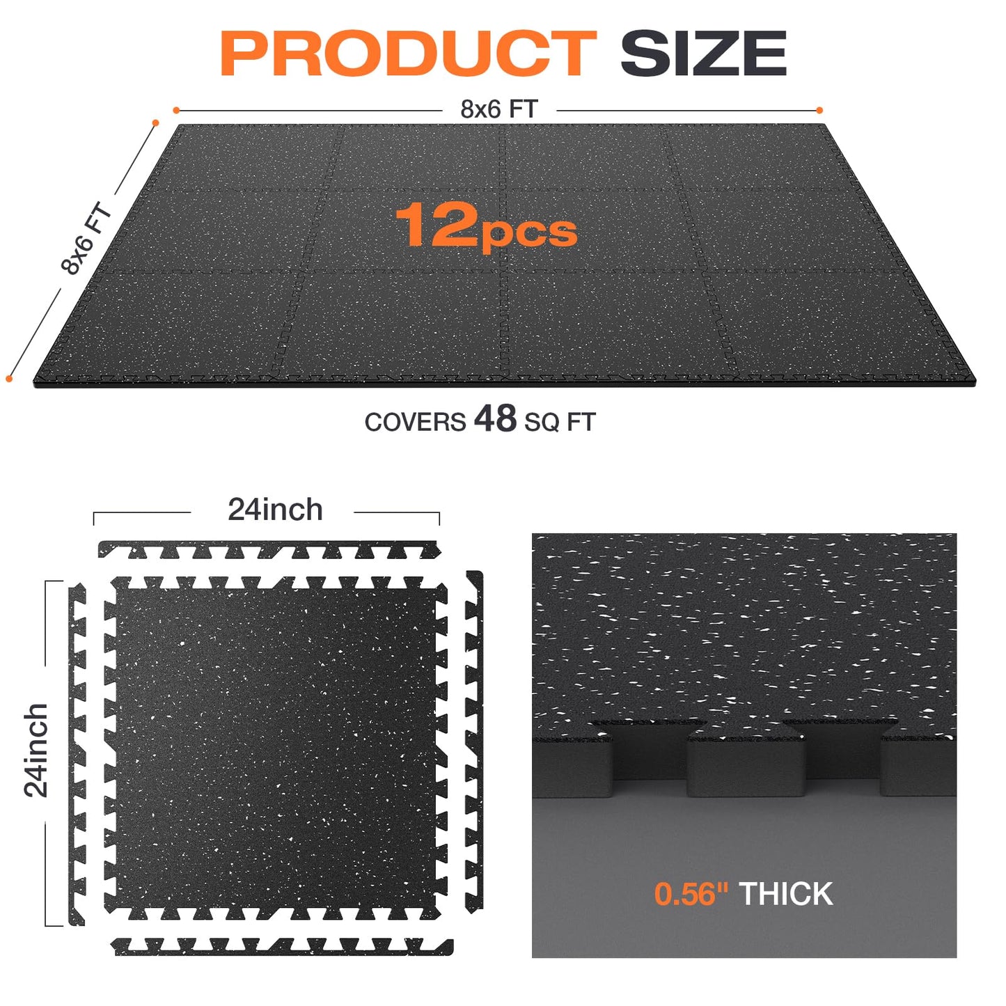 FLEXLIFT 0.56'' Thick 12 Pcs 48 Sq Ft Non-Slip Rubber Top Exercise Equipment Mats, High Density EVA Foam Mats with Rubber Top, Interlocking Puzzle Gym Flooring for Home Gym, Workout Floor Mats, Black