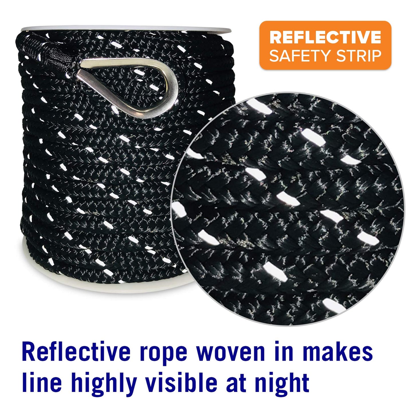 Better Boat Premium Anchor Rope, 100 Ft Double Braided White Nylon Marine Line, Reflective 3/8 Inch Reel for Anchors and Boats - Black