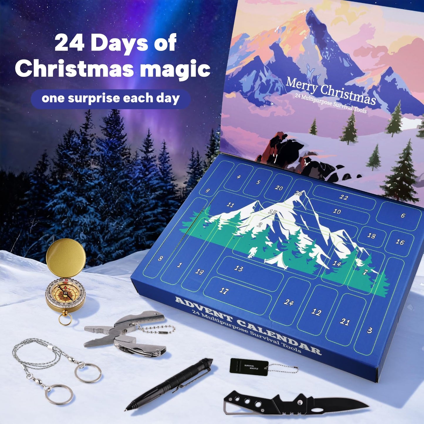 Survival Kit Advent Calendar 2025, 24 Days Outdoor Camping Gear Advent Calendar for Men, Tactical Emergency Survival Tools Gift Set for Dad Him Hunters Hikers Preppers Christmas Countdown Box