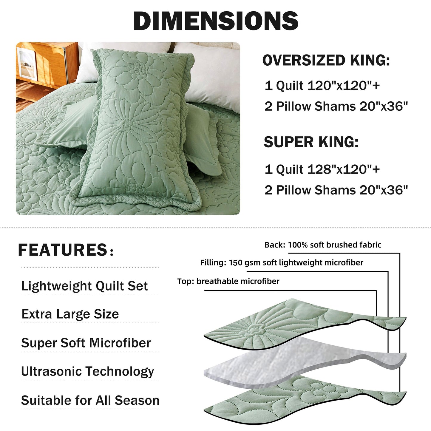 Cmfshape Oversized King Quilt Set Bedspread 128x120-Sage Green California King Quilts 3 PCS-Lightweight Quilted Bedding Extra Large-Floral Coverlet for All Season