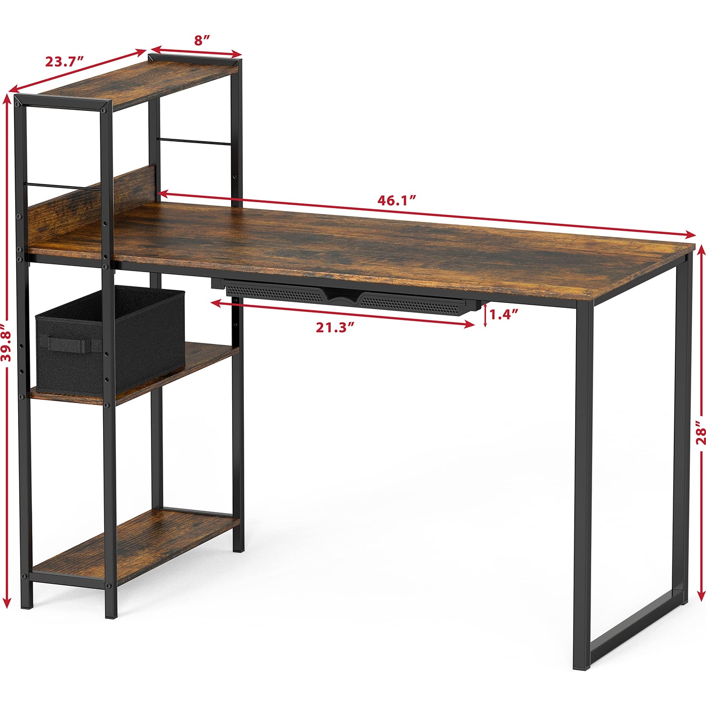 SHW 46-Inch Home Office Mission Computer Desk with Side Shelf and Drawer, Rustic Brown