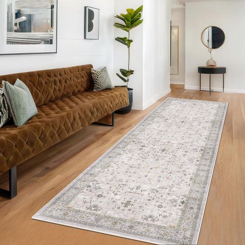 Hazo Haus Light Gray Kitchen Rug - Modern Boho Floral Design | Washable Non-Slip 10 ft Runner