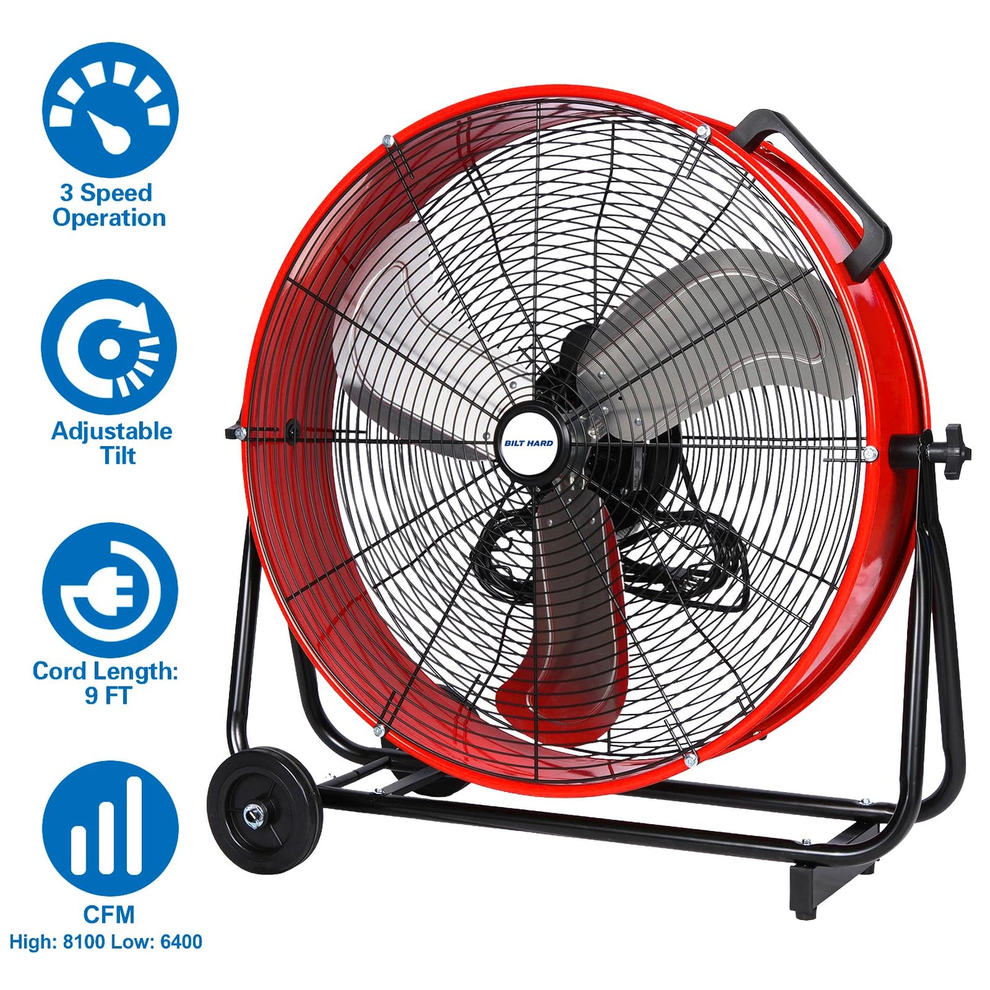 BILT HARD 24" 8100 CFM High Velocity Industrial Drum Fan, 3-Speed Heavy Duty Metal Shop Fan for Warehouse, Workshops, Garage, Factory and Basement