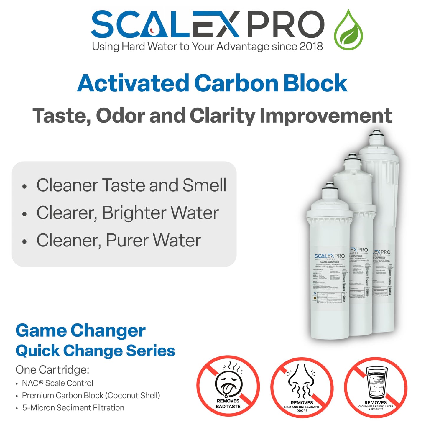 ScaleX Pro Game Changer 12” Hard Water Scale Prevention Filter – Salt-Free NAC Technology Prevents Scale Up to 26 Grains, Removes Chlorine & Other Common Municipal Water Chemicals, 6,000 Gallons