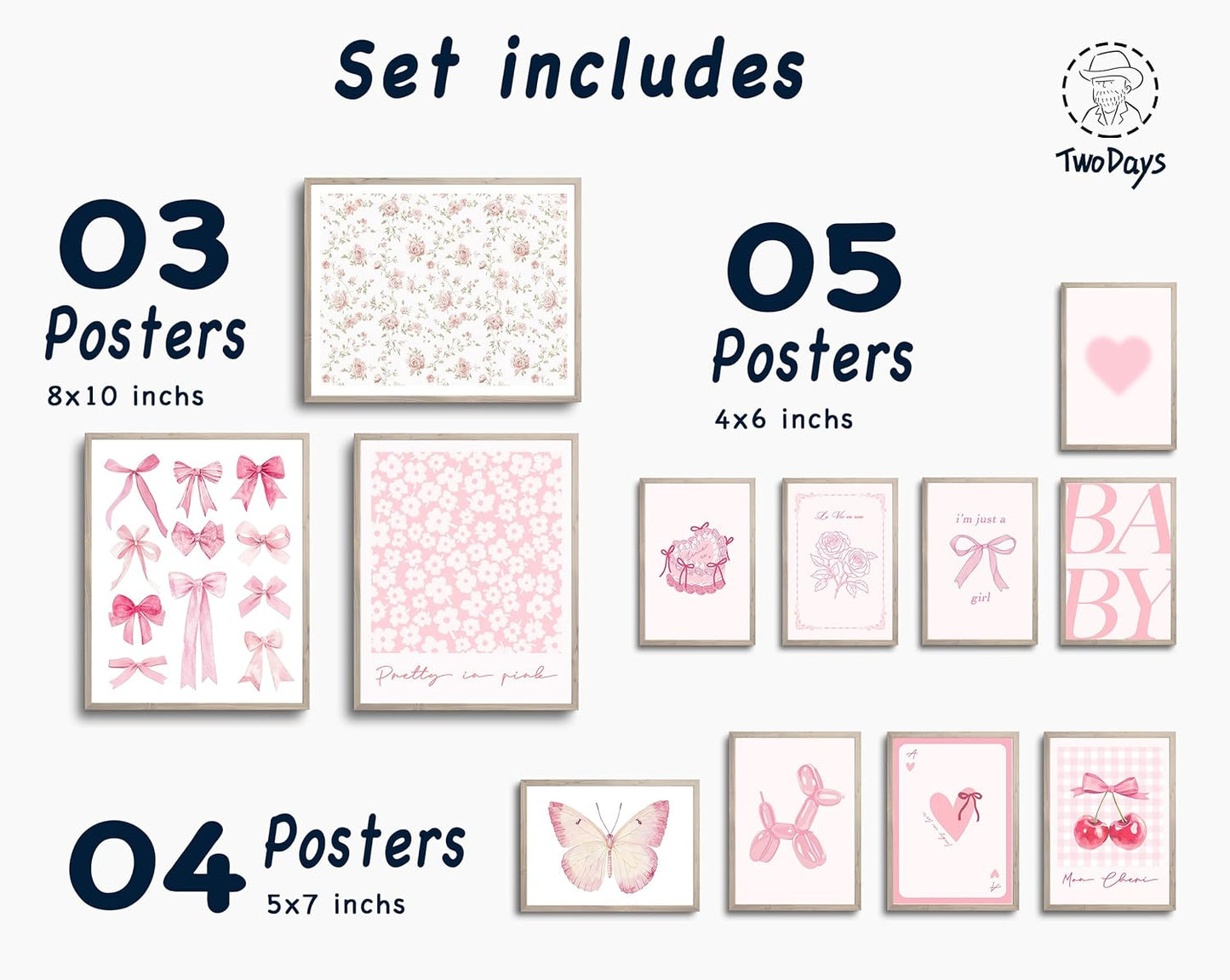 TwoDays Pink Coquette Wall Art | Aesthetic Light Pink Bows Posters for Girls' Dorm | Set of 12 Unframed (8" x 10" Largest)