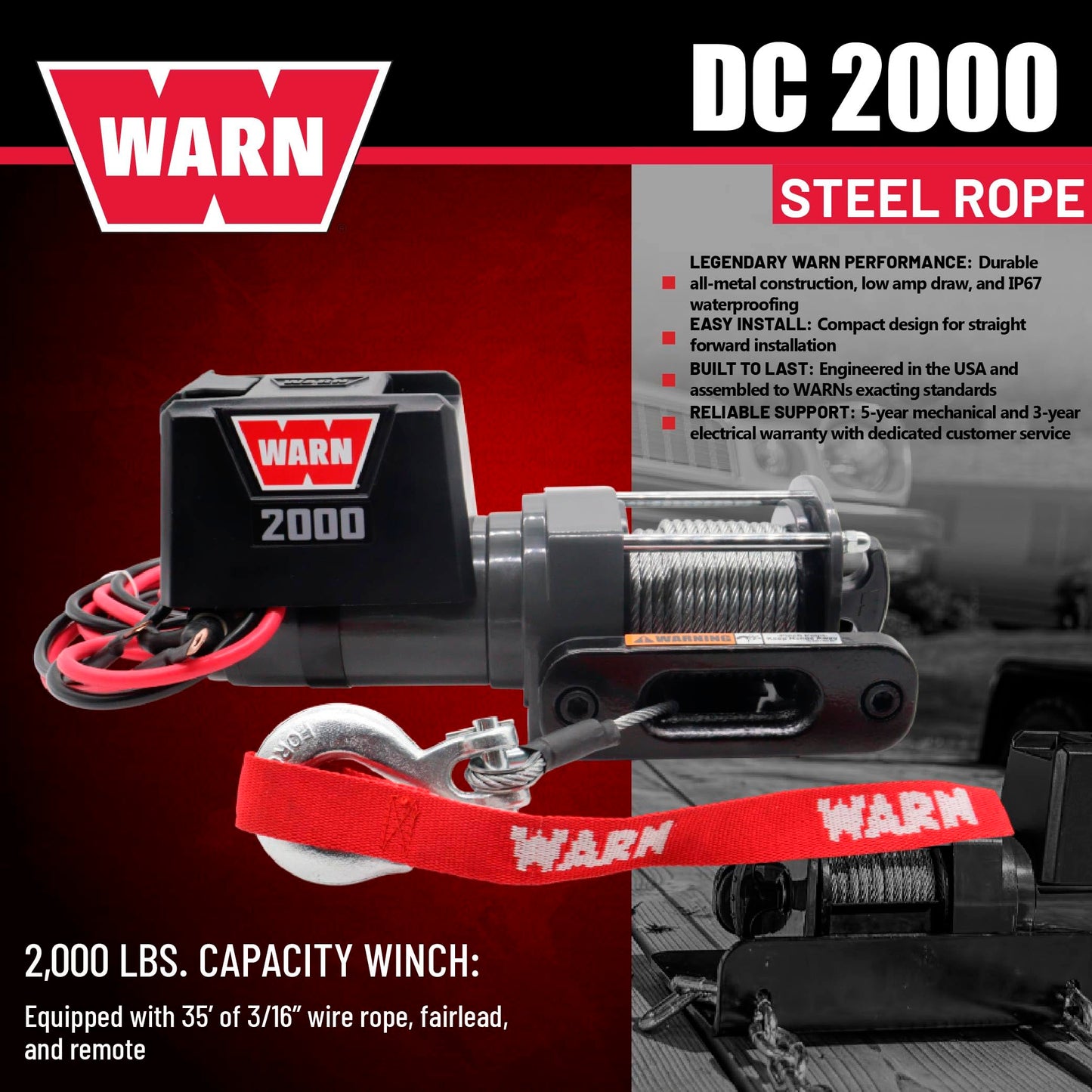 WARN 2000 DC 12V Electric Winch, 2000 lb Pulling Capacity | Steel Cable, Hook & Corded Remote | Portable, Compact Power for Trailers, ATVs, Workshops, and General Utility Lifting & Pulling