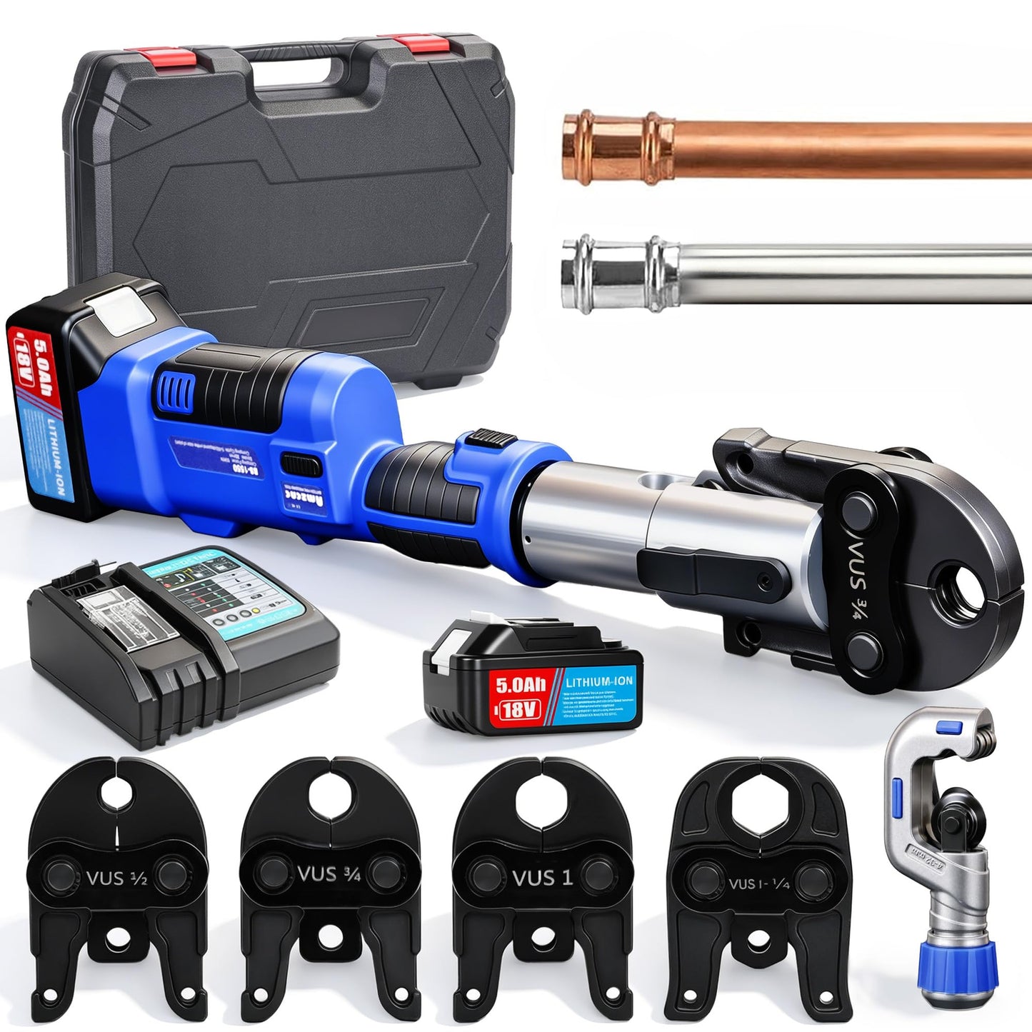 AMZCNC 18V Copper Pipe Press Tool, 32KN Battery Powered Crimping Tool with 4 Jaws (1/2", 3/4", 1", 1-1/4") & Pipe Cutter, HVAC Plumbing Crimper, 360° Rotating Head, ProPress Fittings Compatible