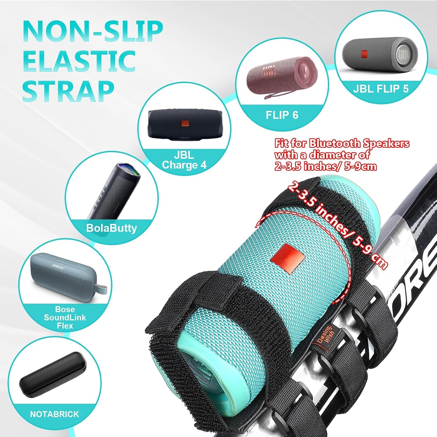 Desing Wish 2-3.5 Inches Non-Slip Bike Speaker Mount for Bluetooth Speakers in Diameter, Portable Mount Adjustable