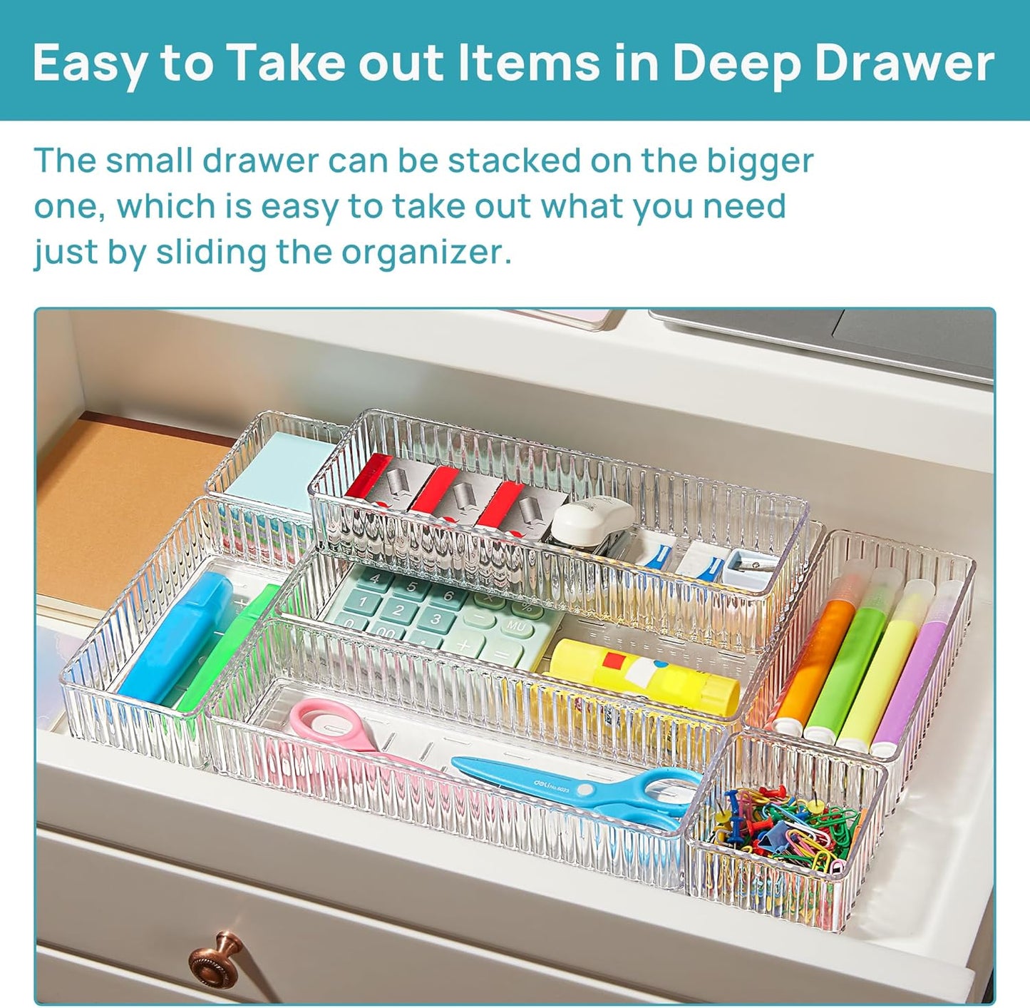 Vtopmart 7-Piece Clear Drawer Organizer Set - Stackable Acrylic Storage Bins for Makeup, Office Supplies & Kitchen Utensils