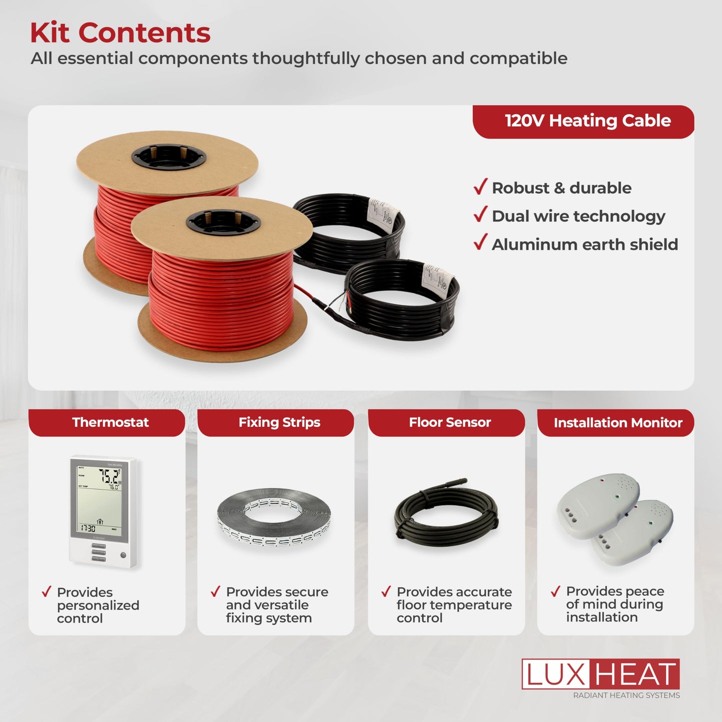 LuxHeat 140sqft Floor Heating Cable Kit - 120v Vinyl Flooring Heating System - Heated Flooring System Includes UDG Programmable Thermostat w/GFCI, In Floor Heat Cable, Strapping, Sensor & Alarm