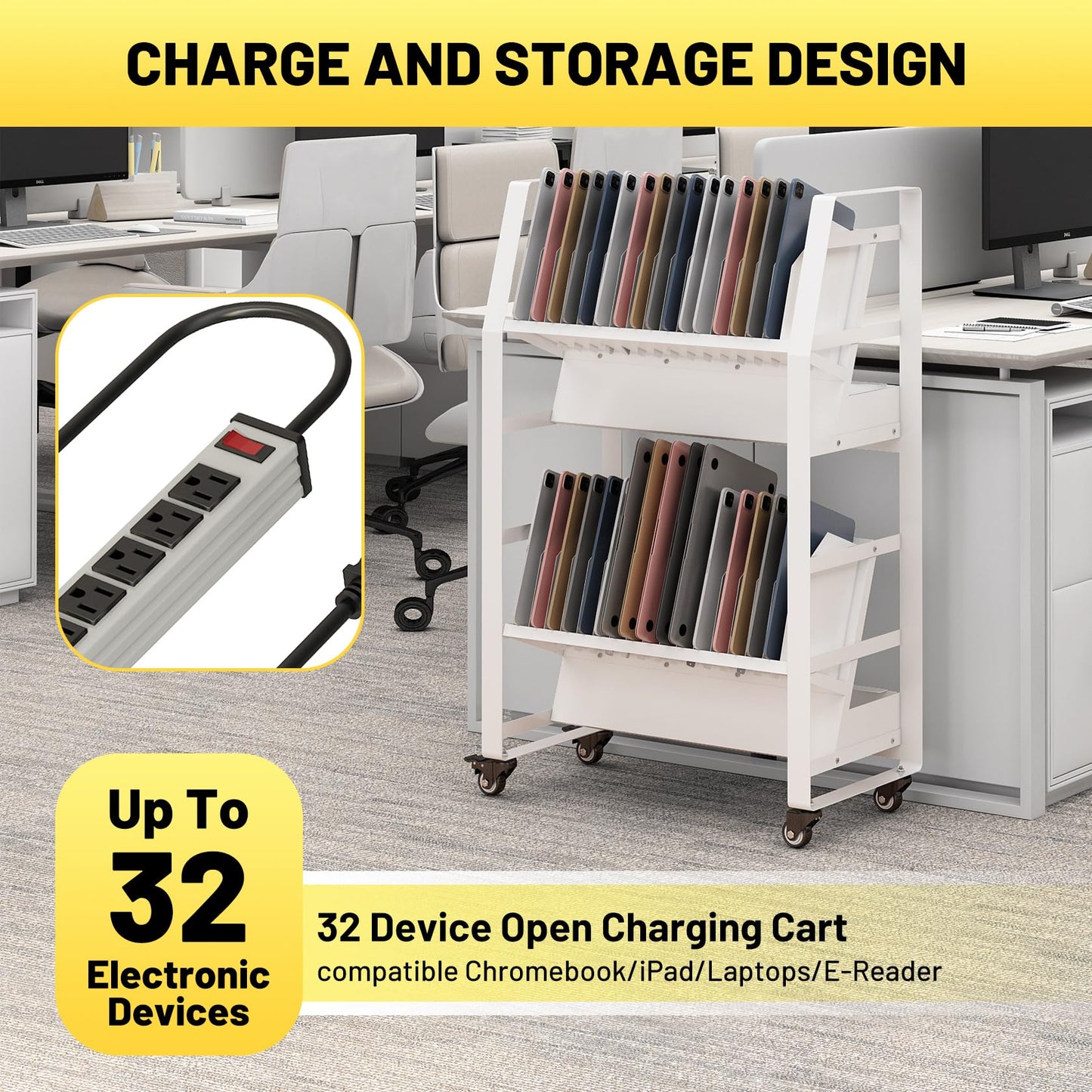Hymula 32-Device Mobile Charging Storage Cart with Lockable Wheels, 2 Power Strips, Charging Station with Removable Dividers & Cable Management for Laptops, Tablets, iPads, Chromebook for Classroom