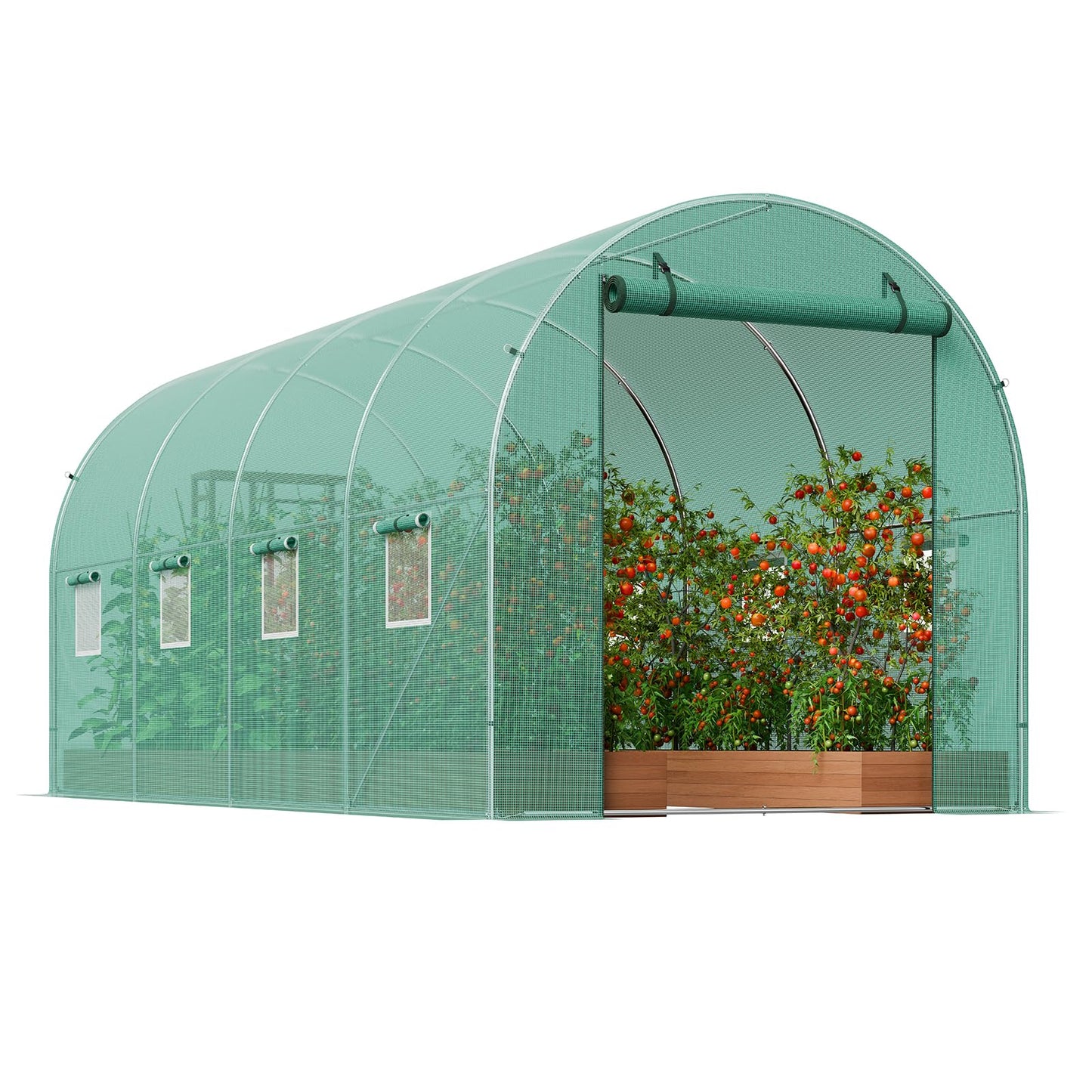 VEVOR Walk-in Tunnel Greenhouse, 14.6x6.4x6.3 ft Hoop House Greenhouse Tunnel, Plant Hot House with Galvanized Steel Frame, Green PE Cover, Roll-up Zipper Door and 8 Windows for Outdoor