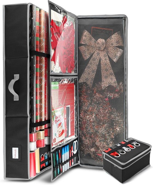 Hearth & Harbor Holiday Storage with Extra 2 PC of Christmas Storage Bins and Ribbon Storage Organizer - Fade Resistant Wrapping Paper Storage Containers with Wheels Fits Up to 30 Rolls of 40" Length